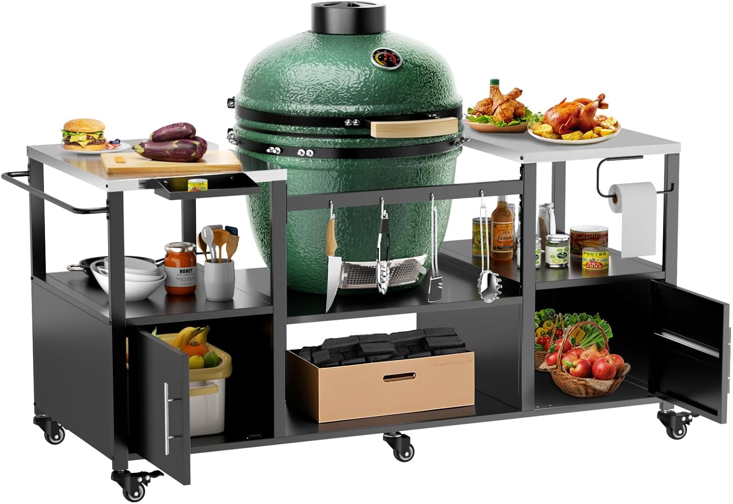 Outdoor Grill Table Cart for Large Big Green Egg & Kamado Joe Jr – Heavy-Duty Metal BBQ Stand with Storage Box, Spice Rack, Wheels – Compatible with 20/21/22 Inch Kamado Grills