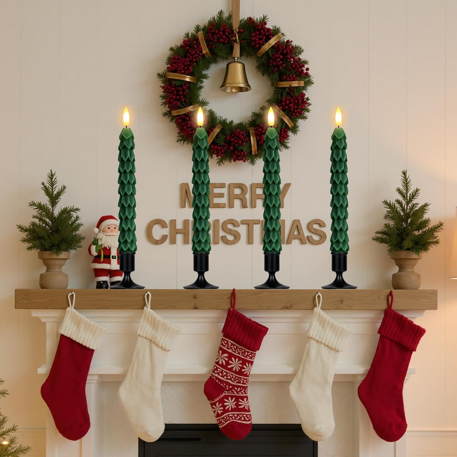 YAUNGEL 8 Pcs Flameless Christmas Tree Candles with Remote Timer, Real Wax Christmas Tree Candles Battery Operated Flickering Flame,10 Inch Green Tree Candlesticks with Holder for New Year Xmas Decor