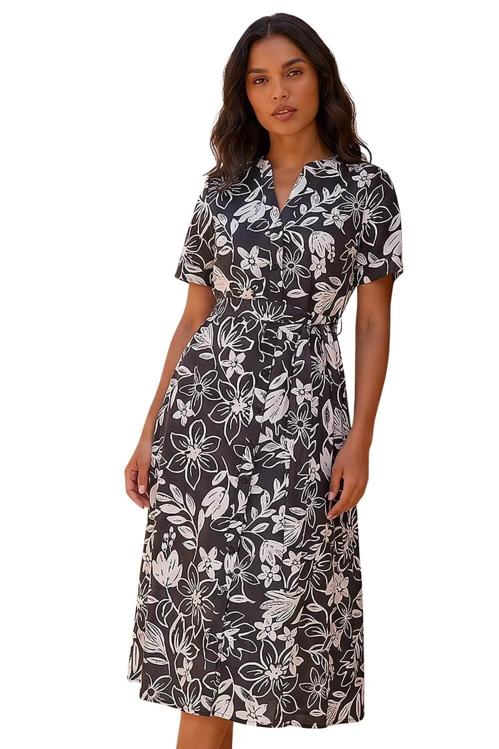 Roman Women's Floral Print Tie Waist Midi Dress in Black | Size: 12