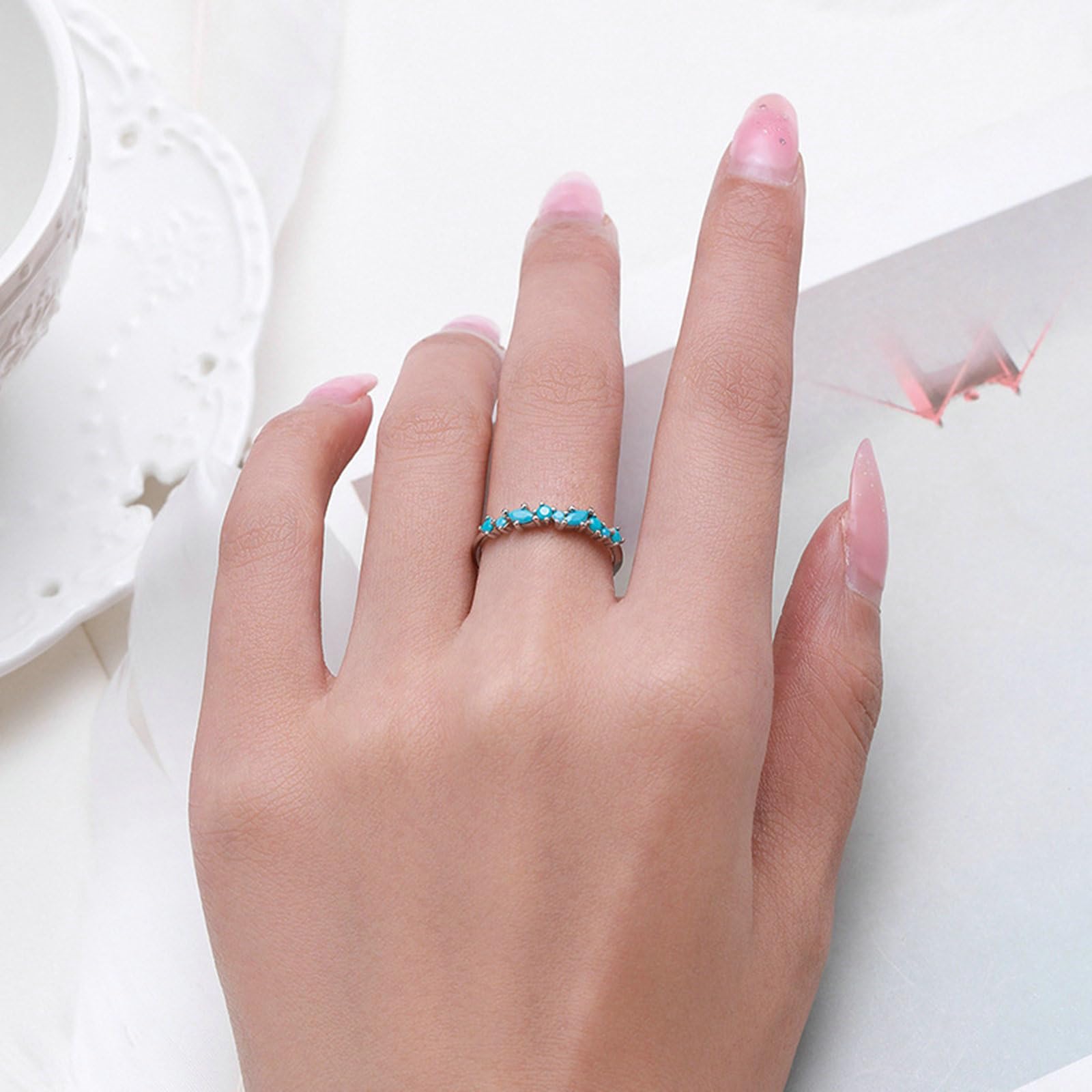 Anillo de boda de oro blanco de 9 K/14 K, azul turquesa, redondo con azul turquesa (marquesa), alianzas de boda para mujer