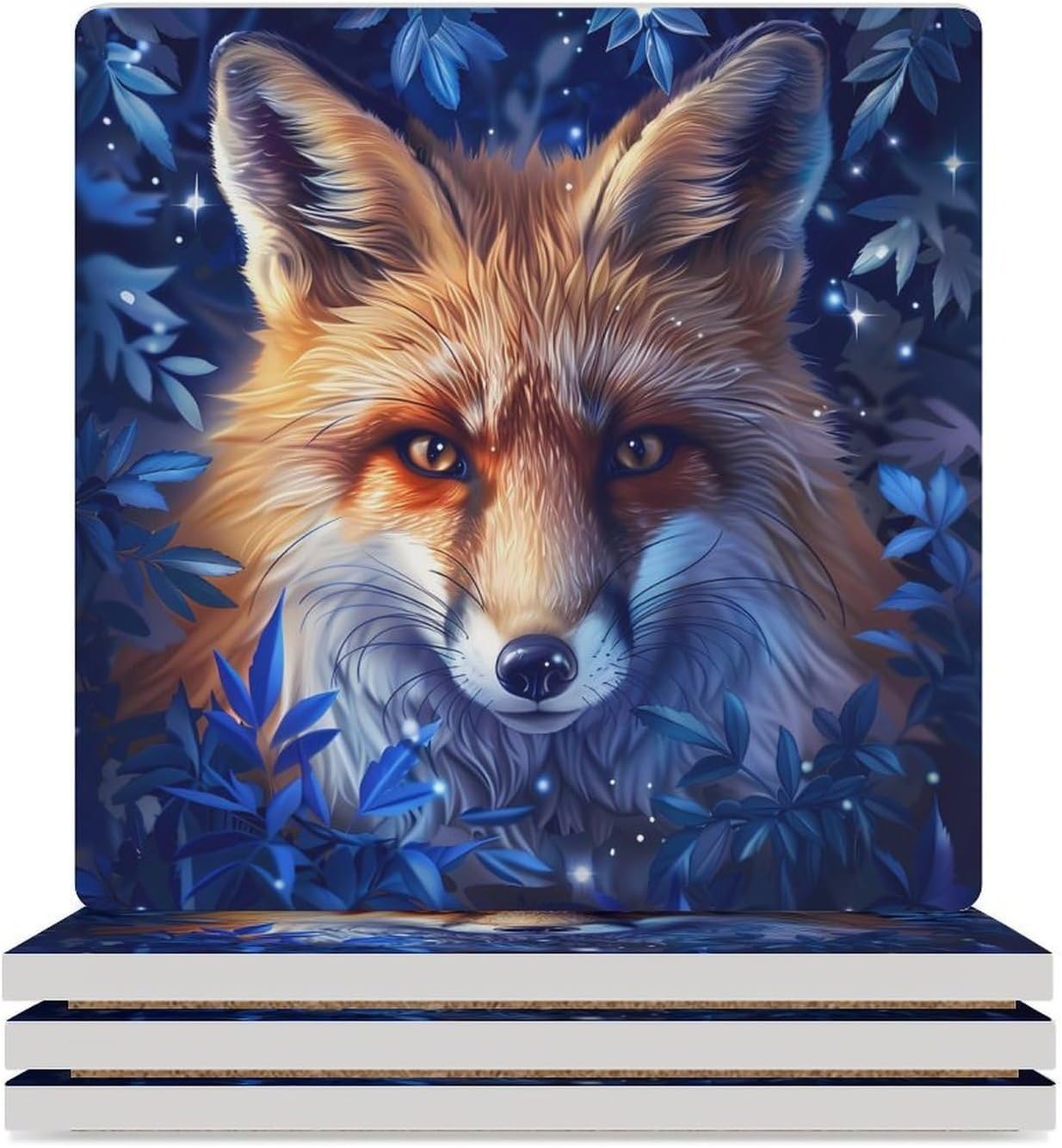 Cute Fox Coaster for Drinks Square Ceramic Table Coasters Stone Mat Crafts 4PCS Home Kitchen Decor