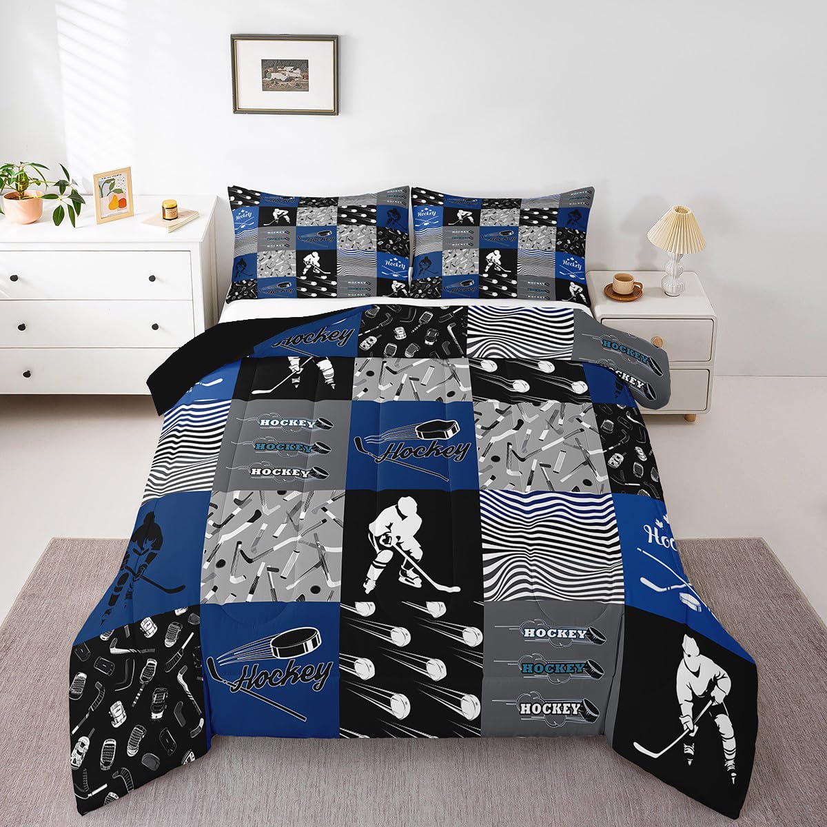 Erosebridal Ice Hockey Queen Size Comforter Sets for Boys Kids Teens Bedroom Decor,Soft Microfiber Sports Theme Blue and Gray Hockey Bedding with 2
