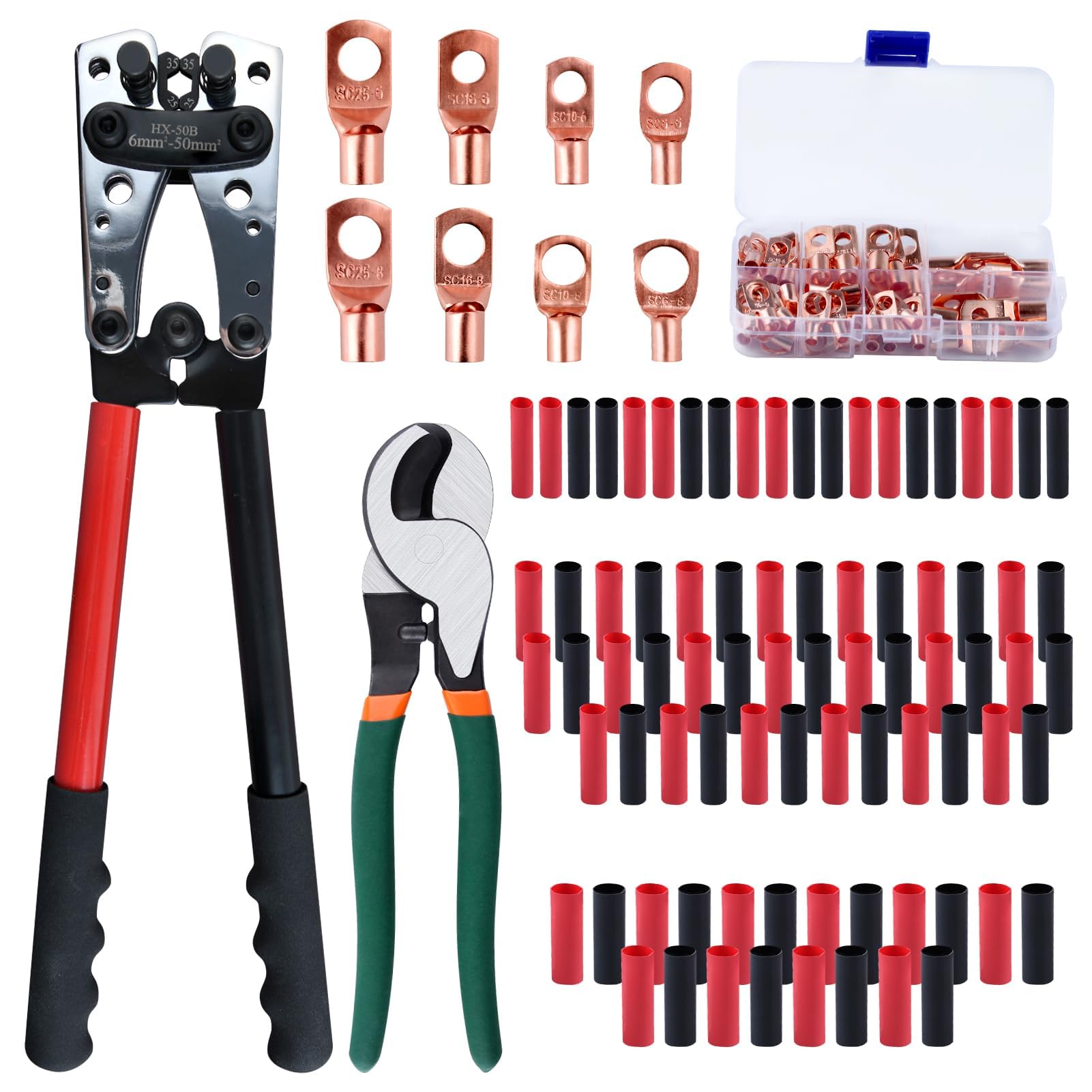 LEONTOOL Kit de herramientas de crimpado de cable de batería para terminal eléctrico AWG 8-1/0, herramienta de crimpado de terminales de cable de batería con cortadores de cable, 60 lengüetas de