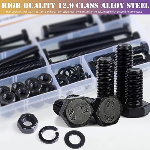 Vista 2 de Juego surtido de 224 tornillos y tuercas hexagonales M6 M8 M10 de alta resistencia, arandelas planas y de cerradura, acero de aleación de grado