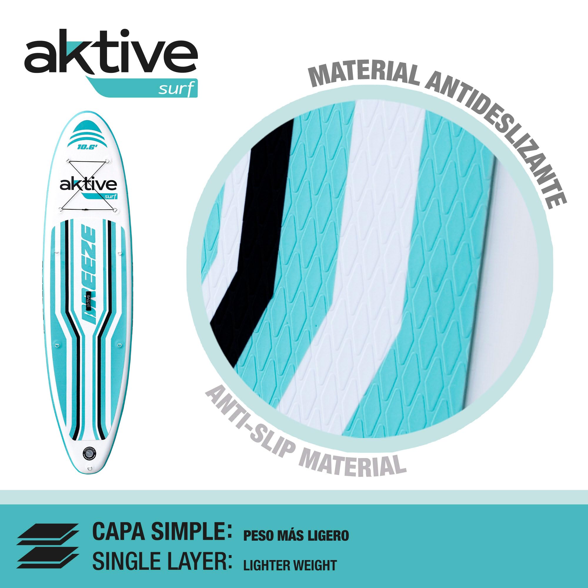 AKTIVE Tabla Paddle Surf Hinchable Iniciación All-Round, Ligera, Superficie Antideslizante, Medidas 320x81x15 cm, Incluye hinchador, Remo, 3 Aletas y Kit de reparación (62053)