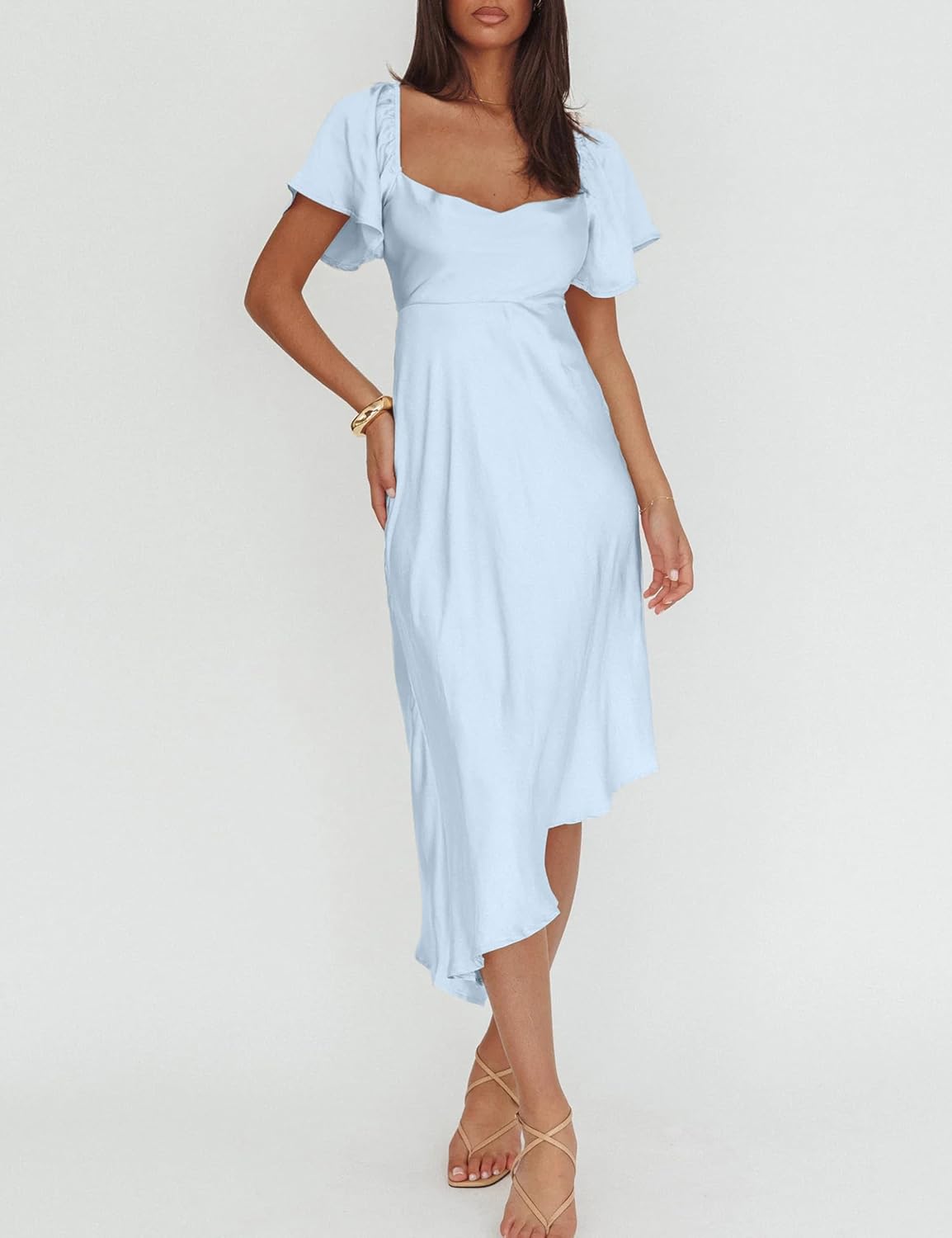 2026 Satin Cowl Neck Flutter Sleeve Midi Dress Silk Sexy Tie Back Asymmetrical Hemline Formal Long Dresses for Wedding Guest - Image 3