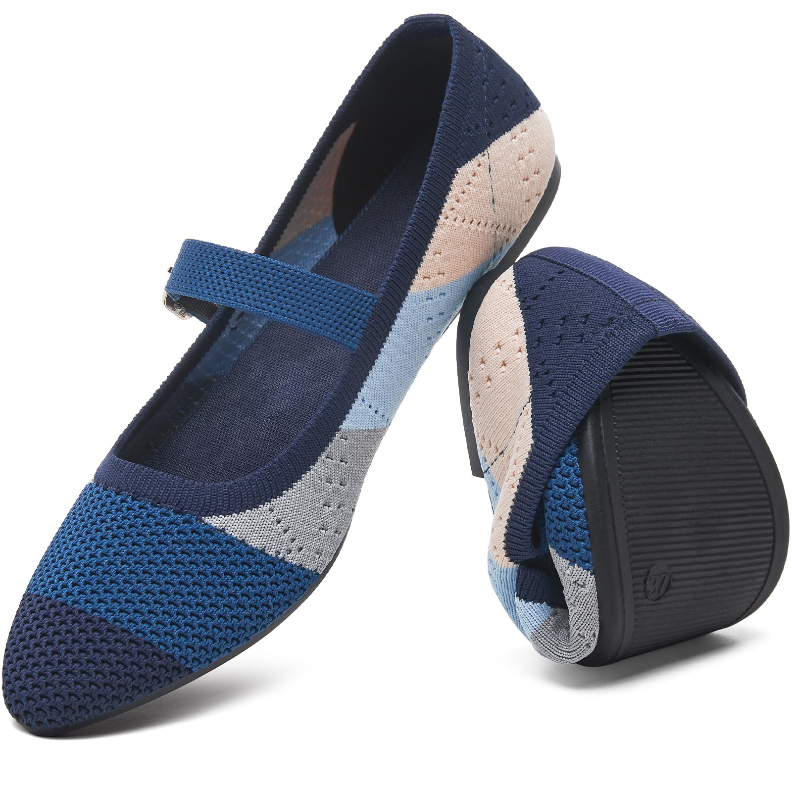 HEAWISH Women's Ballet Flat Shoes Mary Jane Pointed Toe Mesh Flats,Comfortable Slip on Ladies Shoe with Adjustable Strap,Casual Office Dress Flats for