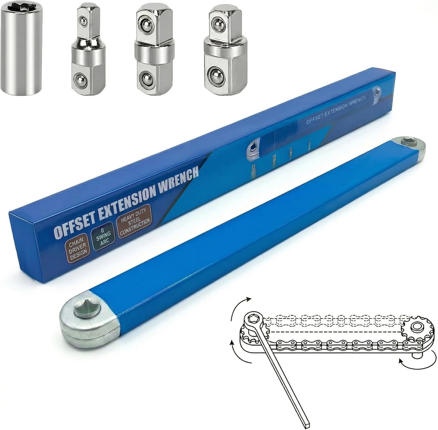 15.4" Offset Extension Wrench Set, Pro Tight Space Wrench with 3/8" to 1/2", 1/4" Adapters & 1/4" Drive Socket, Ultra-Slim Low Profile Reach Tool for Automotive, Engine, & Chassis Repair