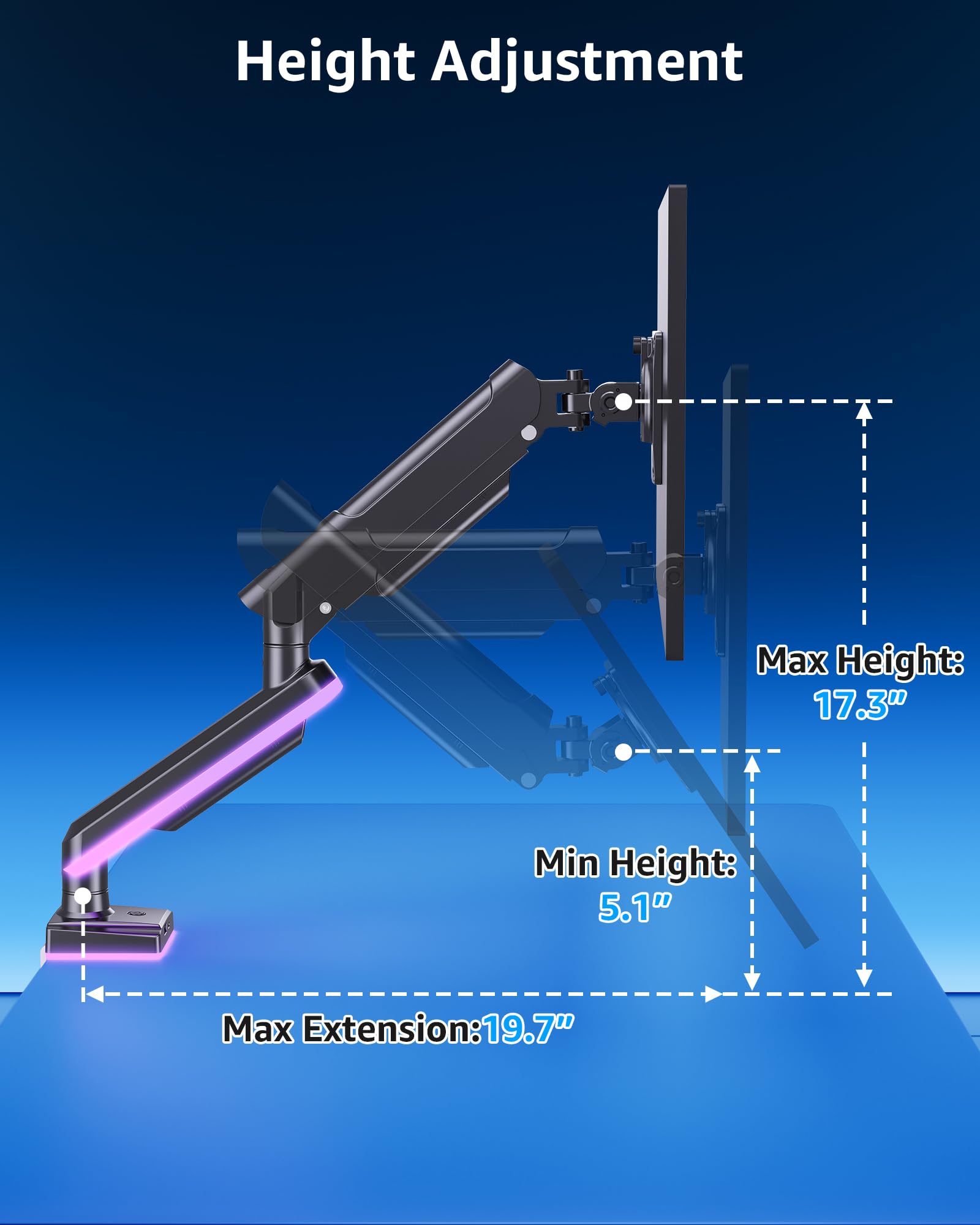 MOUNTUP Braccio singolo per monitor RGB adatto a 32 27 24 22 pollici, supporta schermi da 2 a 10 kg, supporto per monitor per scrivania con luci RGB, 19 modalità, supporto da scrivania per monitor per