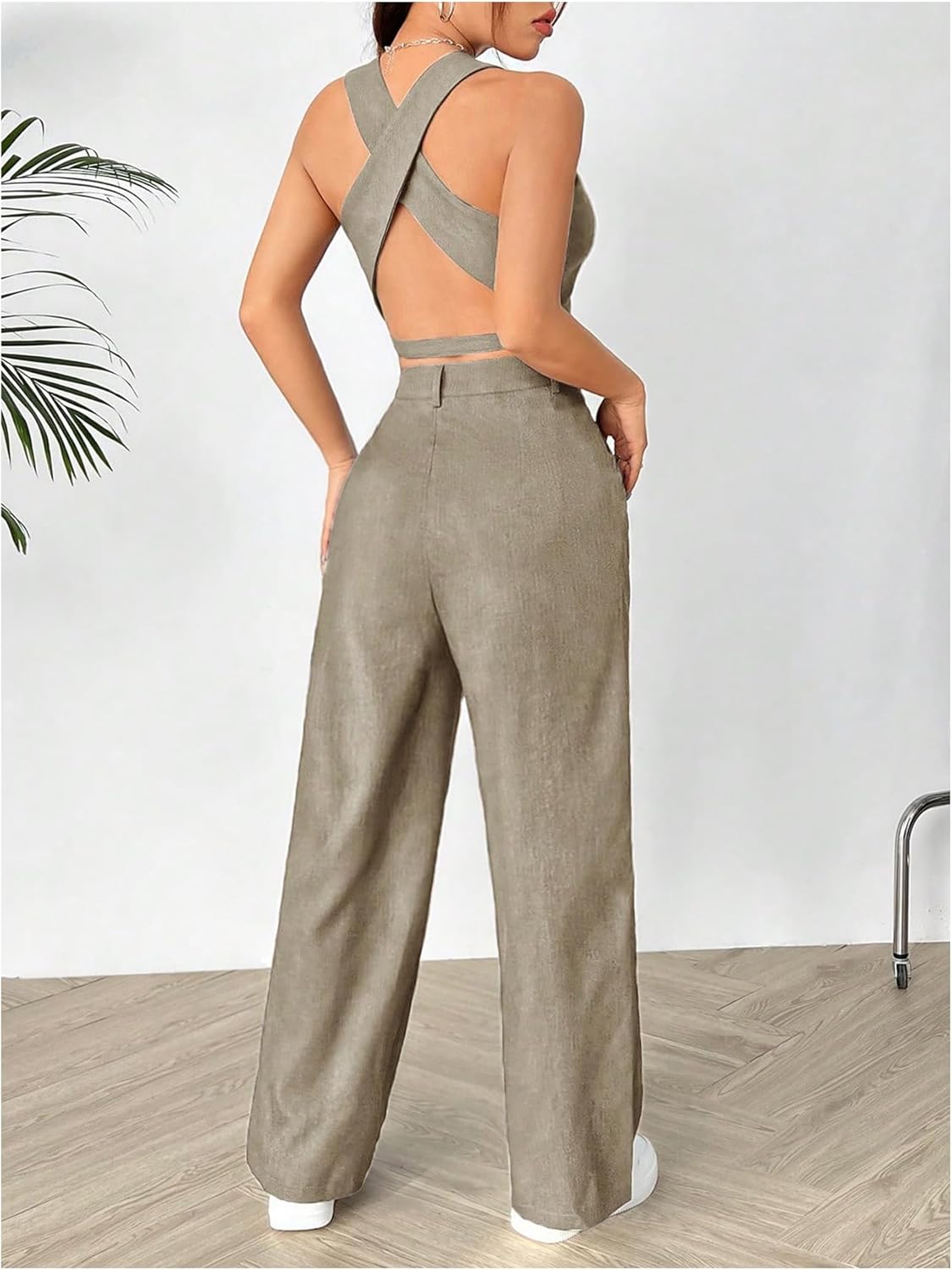 SweatyRocks Women's 2 Piece Solid Sleeveless V Neck Cross Back Button Down Blazer and Pants Business Office Suit Set - Image 5