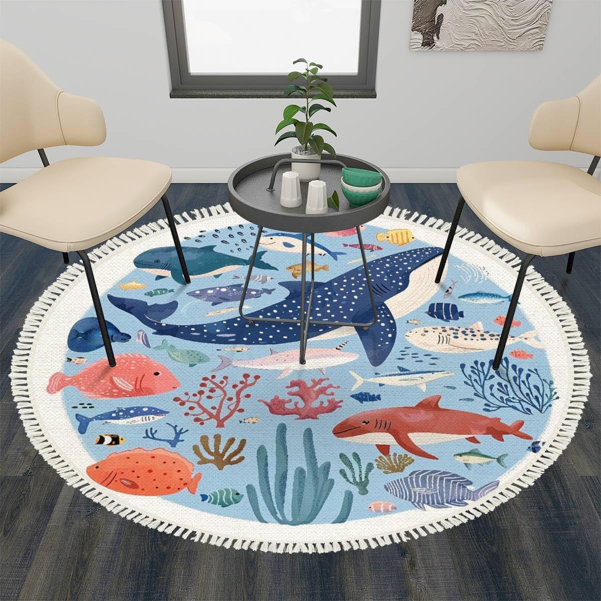 Round Rugs Cartoon Ocean Underwater Animals Seahorse Whale Fish Ocean sea Animals Boho Area Rug Linen and Cotton Carpet Meditation Rug Washable Hallway Runner Mat Accent Rug for Bedroom Nursery 3ft