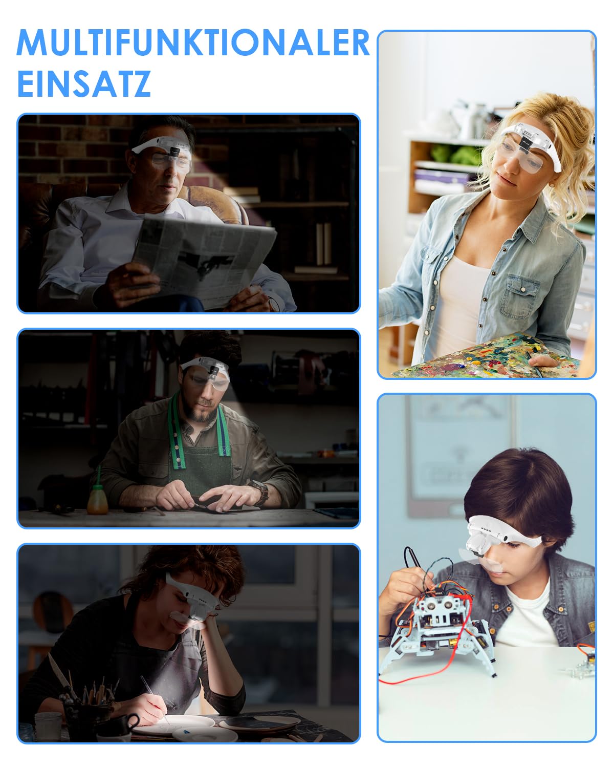 Lunettes Loupe Grossissante, BROTOU Lunette Loupe à Chargement USB avec lumière 4 LED et Interrupteur Tactile,Lampe Frontale pour Lecture Bijoutier Broderie Diamond Painting