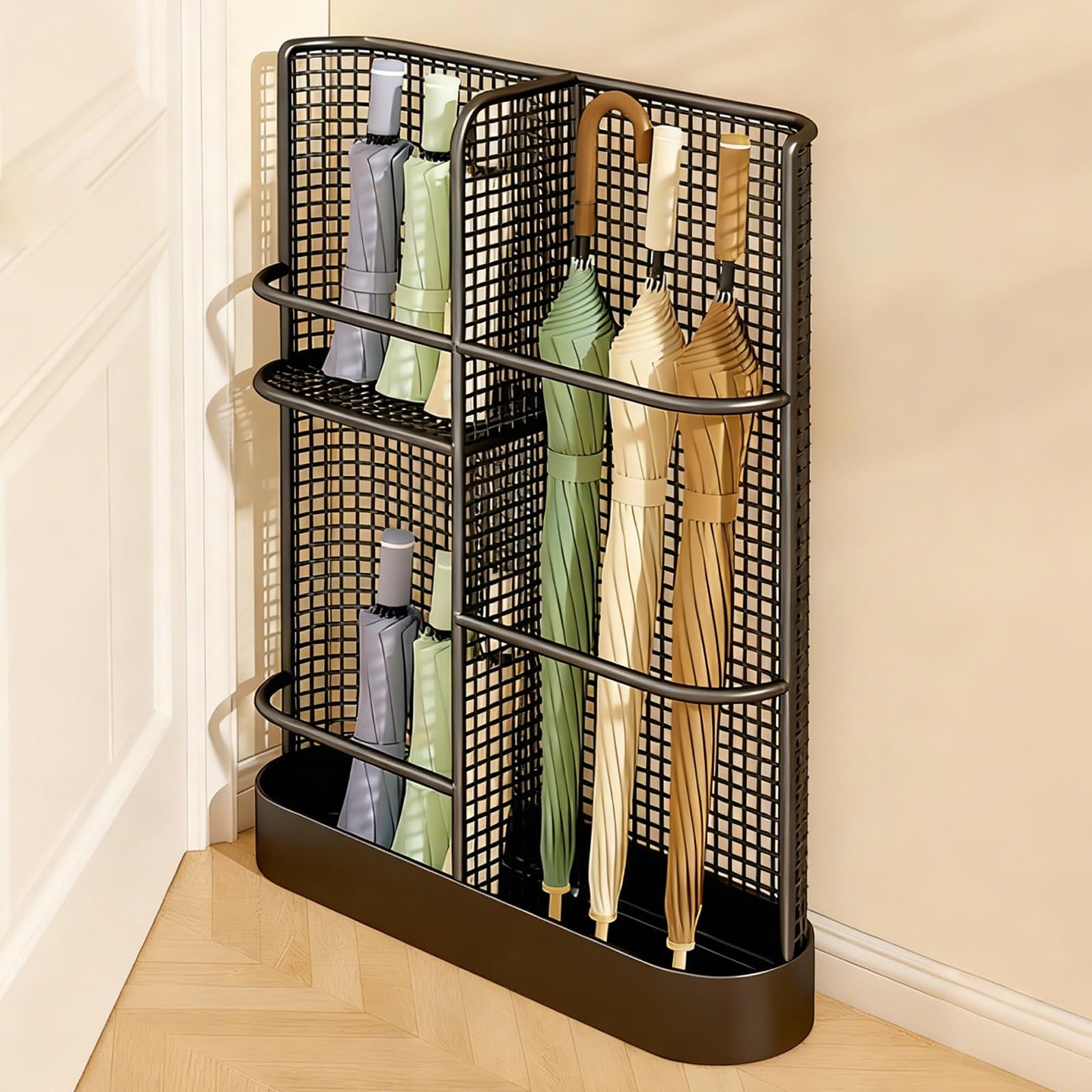 FCXWEVR Indoor Umbrella Stand with Drip Tray - Stylish Organizer Rack for Entryway Office Hotel and Home Storage Perfect for Wet Umbrellas and Compact Spaces