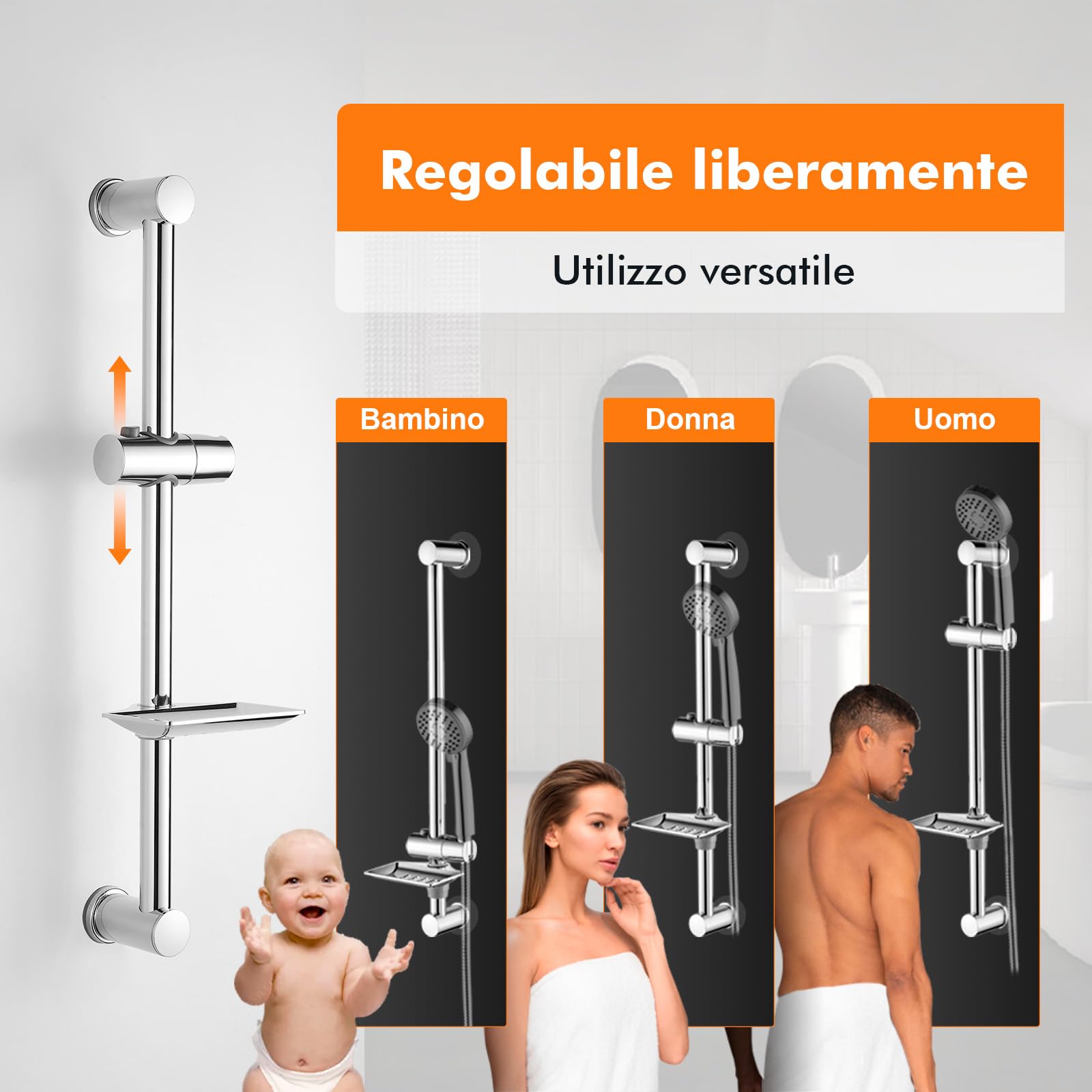 Ibergrif M20802 Barra de Ducha, 56-58cm Barra Ducha Pared con Jabonera y Soporte Ajustable para Cabezal de Ducha, Acero Inoxidable, Universal, Plata