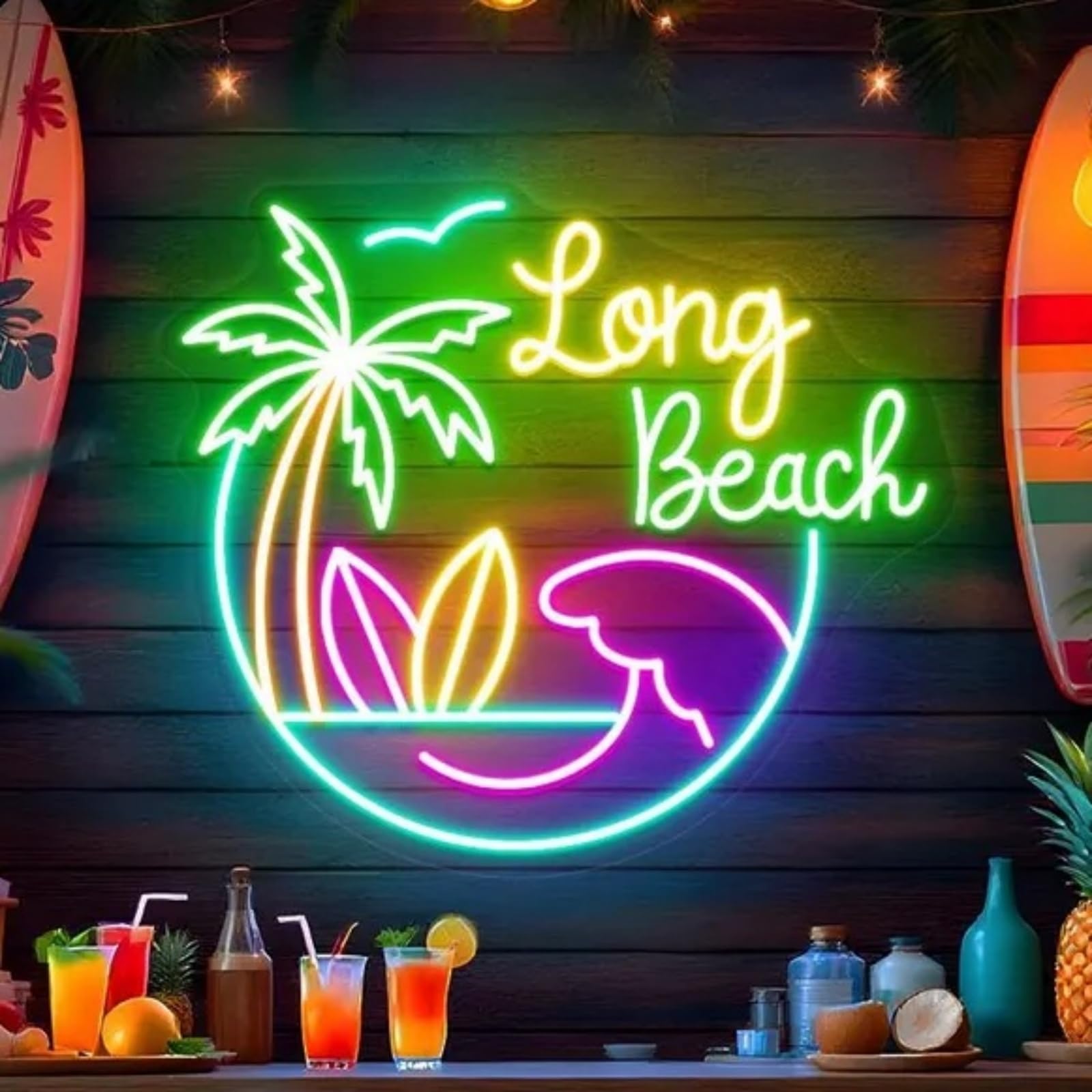 Sun Beach Palm Tree Neon Sign Tropical Neon Light Signs Coconut Tree LED Sign for Bedroom Living Room Tiki Bar Hawaii Club Summer Beach Party Decoration