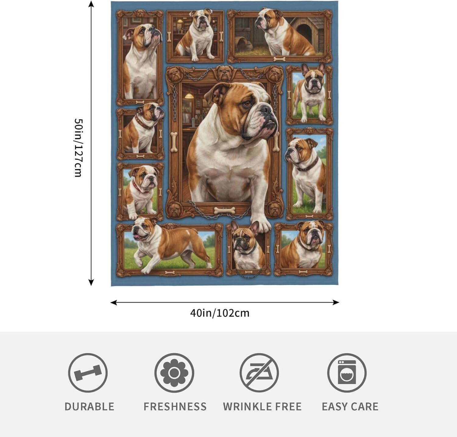 Cute Bulldog Dog Blanket Small Lap Throw Soft Fleece with Framed Portraits Cozy Plush for Couch Bed Office Travel Home Decor Ideal Gift for Bulldog Fans Boys Girls Adults - 50"x40"