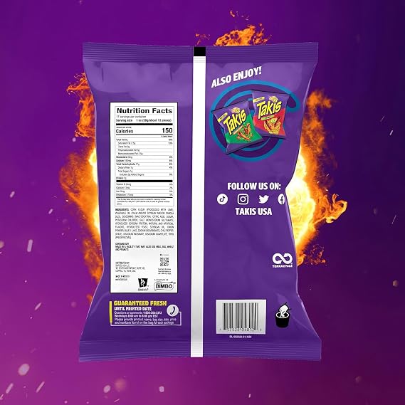 Bundle of Takis Fuego + Blue Heat (17 oz) Fiesta Size Bag, Hot Chili Pepper Flavored Extreme Spicy Rolled Tortilla Chips