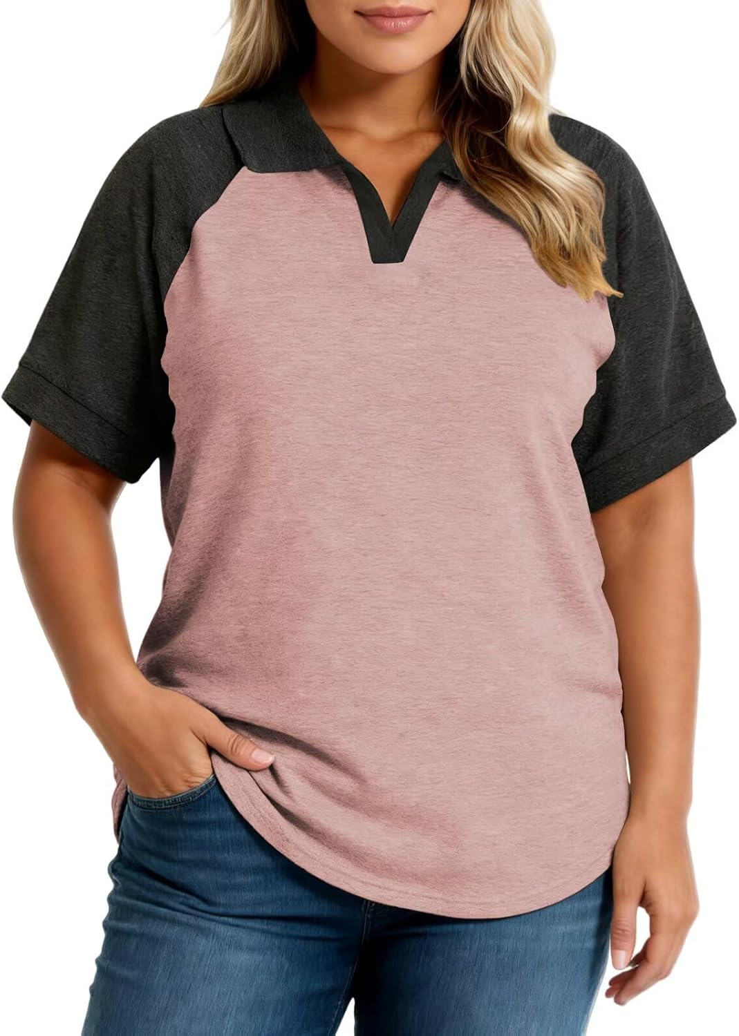 DOLNINE Womens Plus Size Tops Collared V Neck Polo Shirts Raglan Color Block Shirt Summer Casual Short Sleeve Tee Loose Tunic