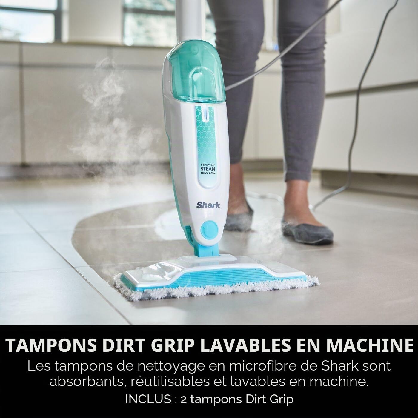 Shark Balai vapeur léger pour sols durs avec 2 tampons de nettoyage lavables en machine et flacon de remplissage, capacité de 375 ml, cordon d'alimentation de 5,5 m, chauffage de 30 secondes, blanc et