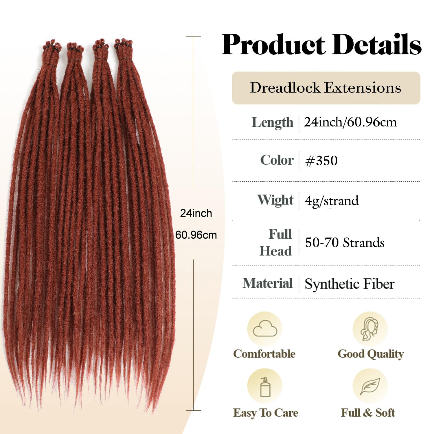 PORSMEER 20 Strands/Pack Copper Red Synthetic Dreadlocks Extensions,Handmade Hippie Dreadlock 0.6 Width Soft Dreads Hair Reggae Style Locs Crochet Braiding Hair for Women or Mens,18 inch - Image 2