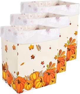 Whaline 3 Pack Fall Disposable Trash Cans Orange Pumpkin Leaves Portable Cardboard Garbage Can with 15 White Trash Bags for Home Kitchen Thanksgiving Autumn Party