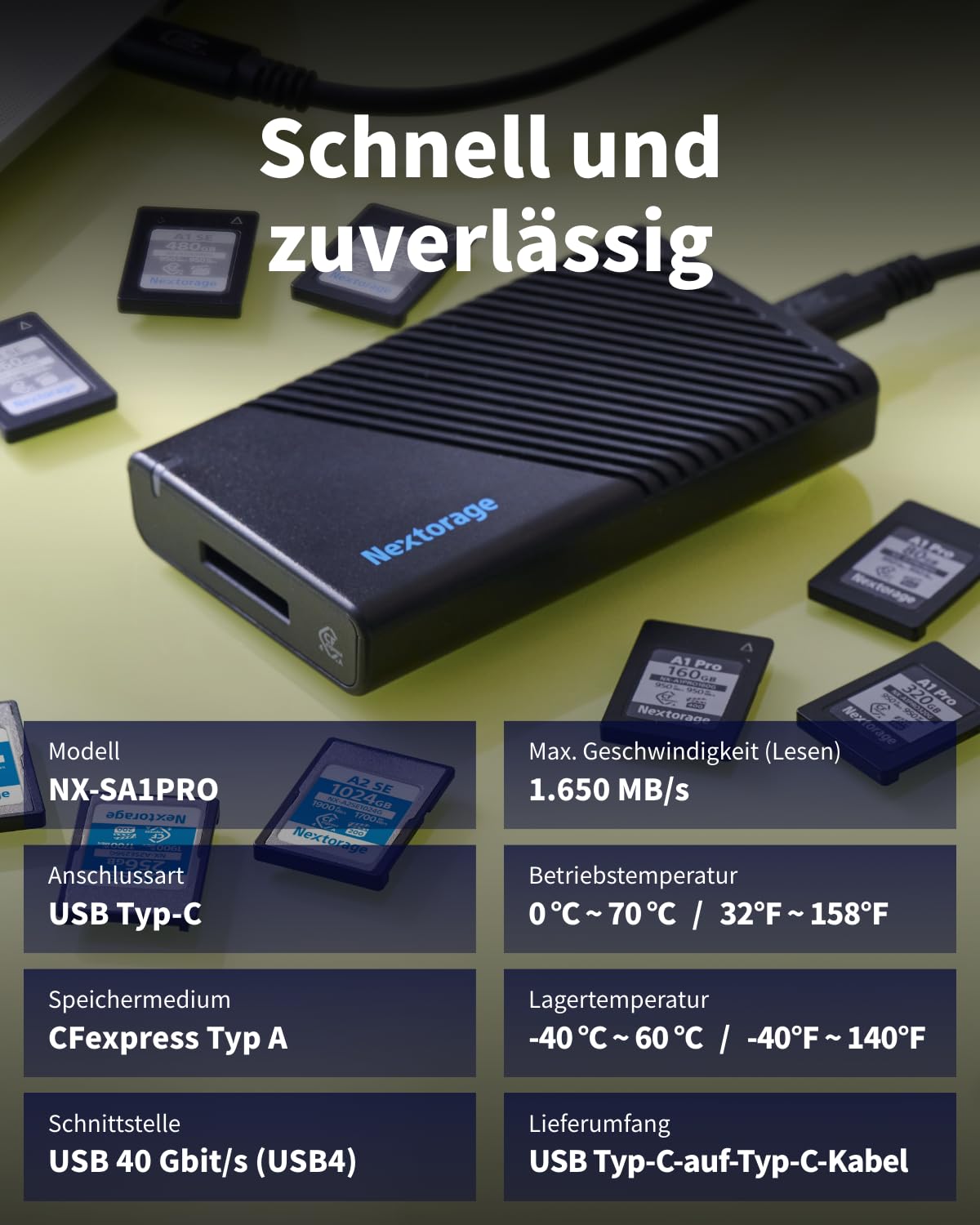 Nextorage Japan CFexpress Typ A Kartenlesegerät USB 40 Gbit/s USB-C geeignet für CFexpress 4.0 Typ A Speicherkarten NX-SA1PRO (USB 40 Gbit/s CFexpress Typ A Einzelsteckplatz)