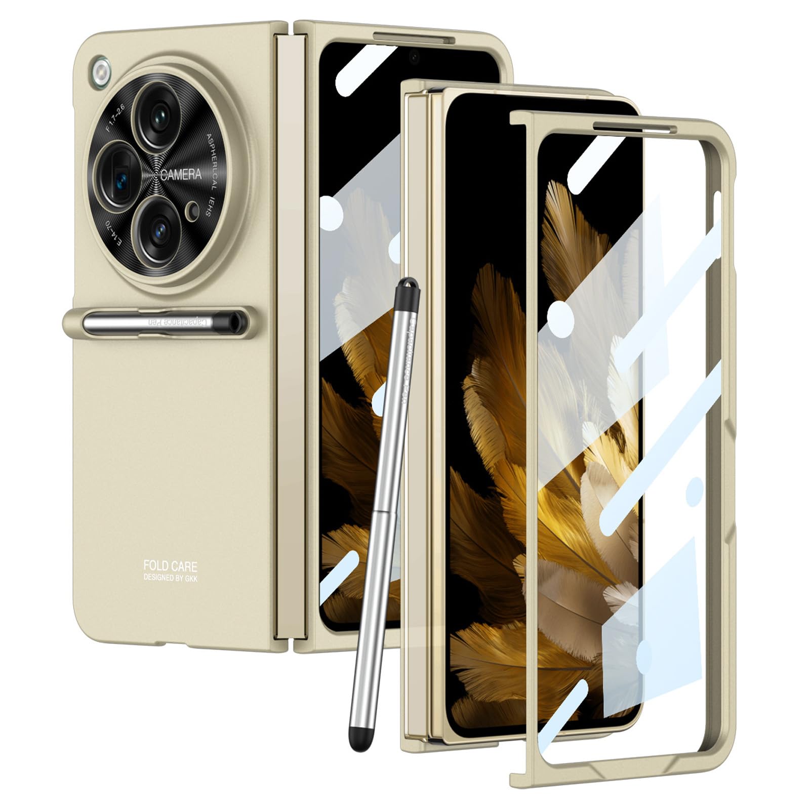 Miimall Custodia Compatibile per OnePlus Open con Penna, Cover Antiurto PC, Pellicola HD, Penna Stilo ad Alta Sensibilità, Case Sottile per OnePlus Open con Stylus Penna, Oro