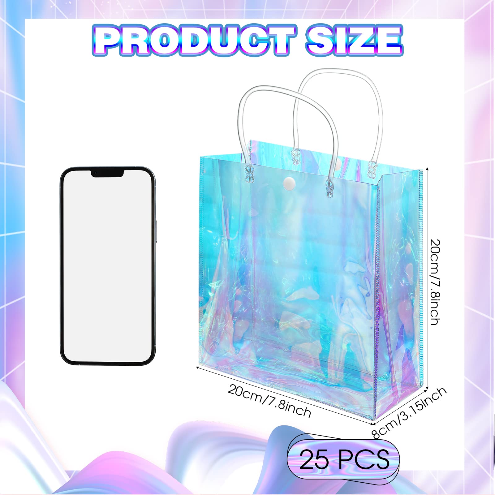 Sherr 25 Pcs Clear Holographic Small Gift Bag Iridescent Reusable PVC Plastic Gift Wrap Tote Bag for Shopping Wedding Birthday Baby Shower Party Favor, 7.87" x 7.87" x 3.15"