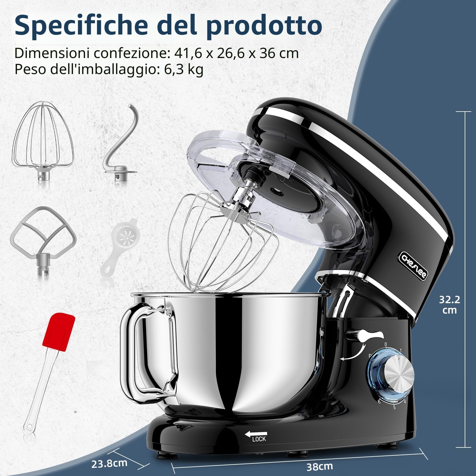 CHeflee Impastatrice Planetaria,2000W Robot da Cucina Multifunzione,6.2 L Ciotola in Acciaio inox,con Frusta,Gancio per Impastare,Frusta per Dolci,6 Velocità Impastatrice Professionale