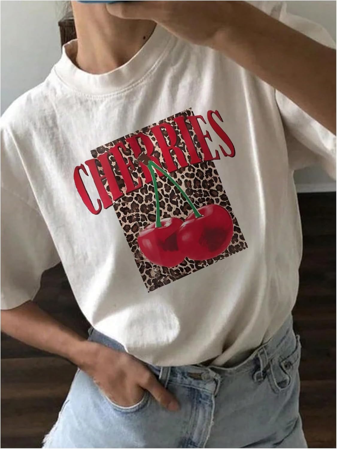 Girl's Cherry Leopard Shirt Short Sleeve Loose Cute Summer T Shirt Trendy Aesthetic Baggy Tops - Image 2