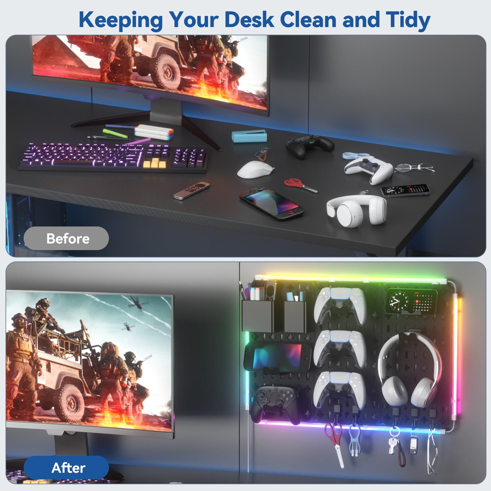 KDD Organizer da Parete Peg Board - Accessori per Pannello Forato 7 in 1 con Strisce LED, Kit Combinato con Supporto per Telefono/Portapenne/Contenitore/Supporto per Cuffie e Controller/Ganci