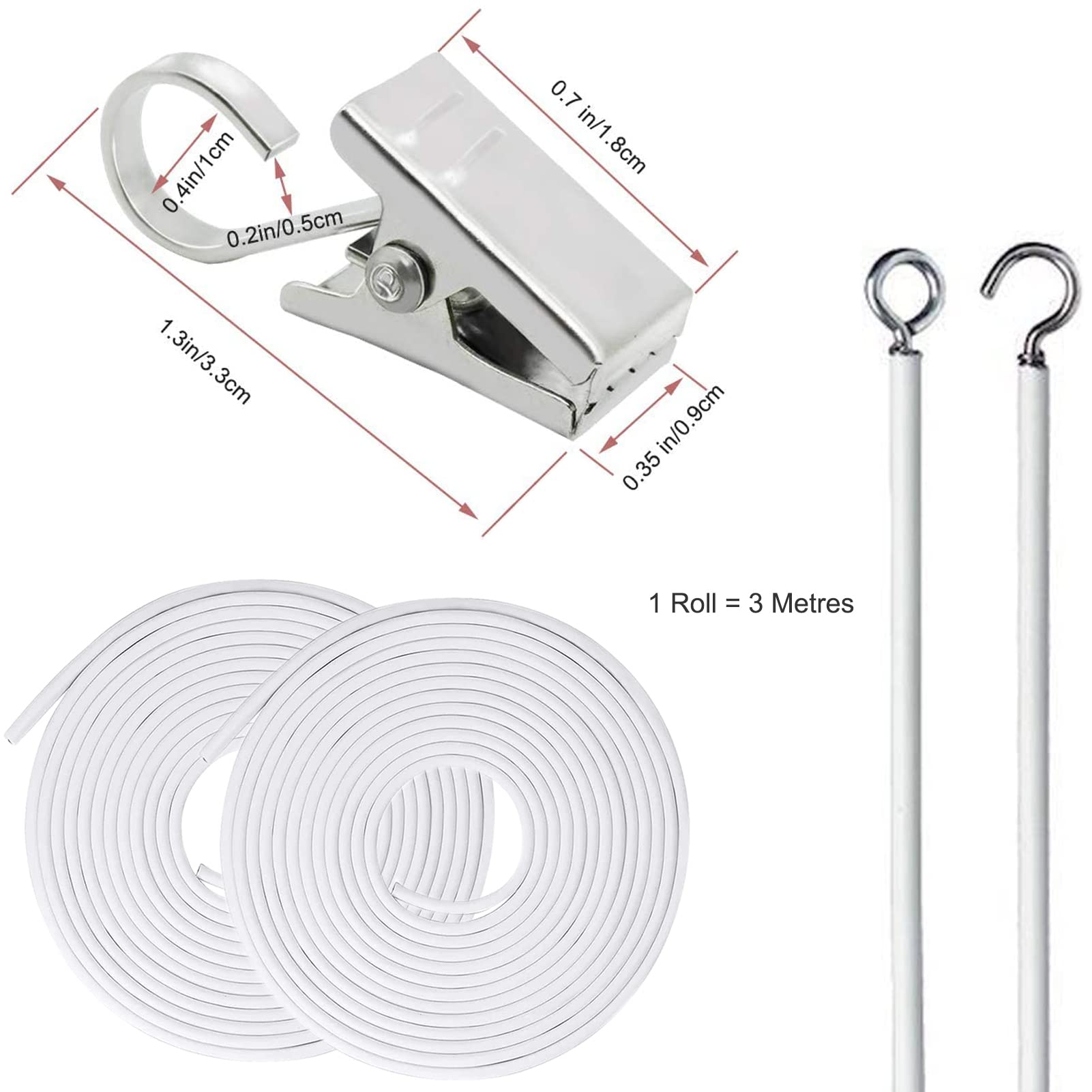 FAPUMOE 2-Pack 3-Meter White Curtain Cords with Stainless Steel Curtain Clips, Plastic Coated Spring Steel Curtain Wire