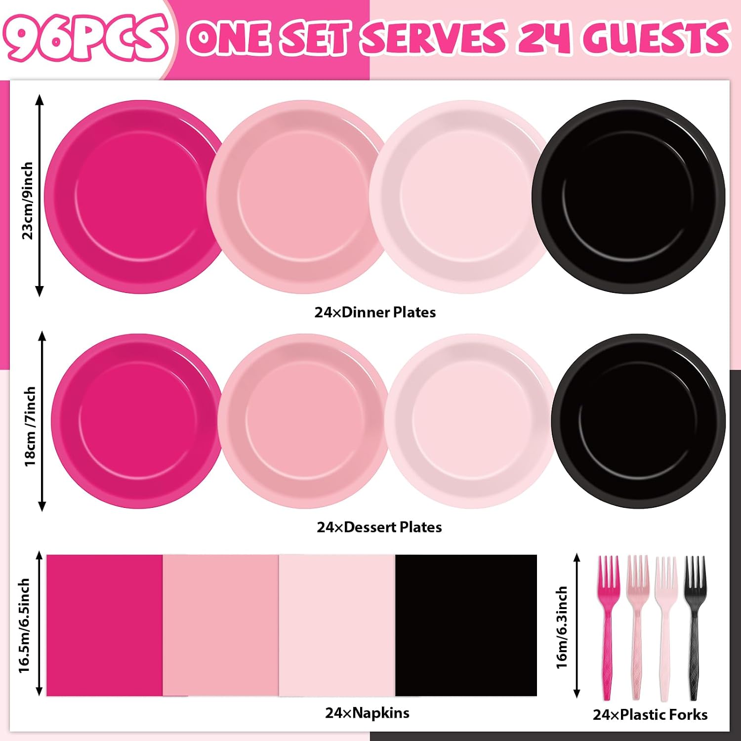 96Pcs Hot Pink and Black Party Supplies Black and Pink Paper Plates and Napkins Birthday Decorations Disposable Tableware Set for Women Girls Bachelorette Birthday Wedding Party Decorations Serves 24 image 2