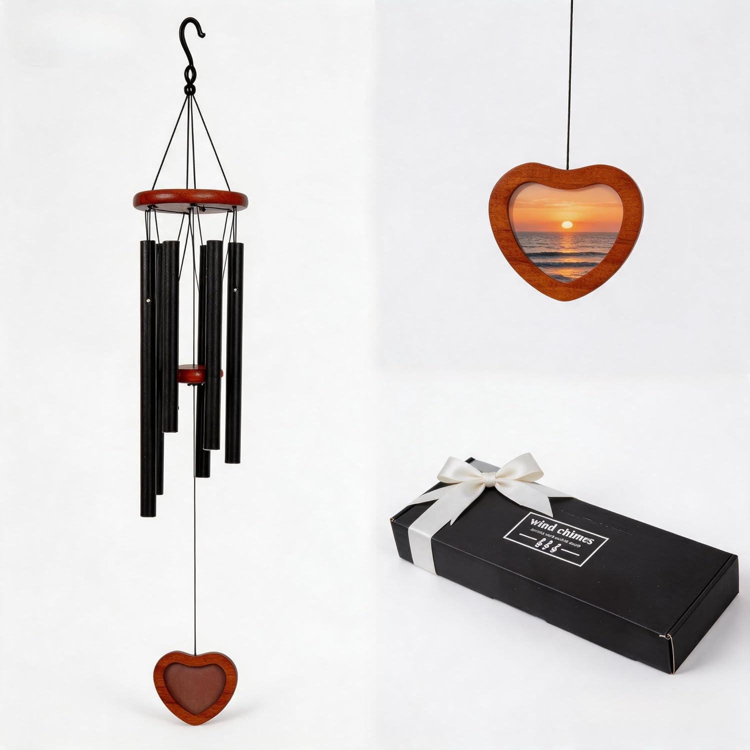 Memorial Wind Chime with Heart Locket Photo, Sympathy Gift for Loss of Loved One, Remembrance Aluminum Tube Wind Chime for Garden Outdoor, Metal Music Chimes for Home Decor