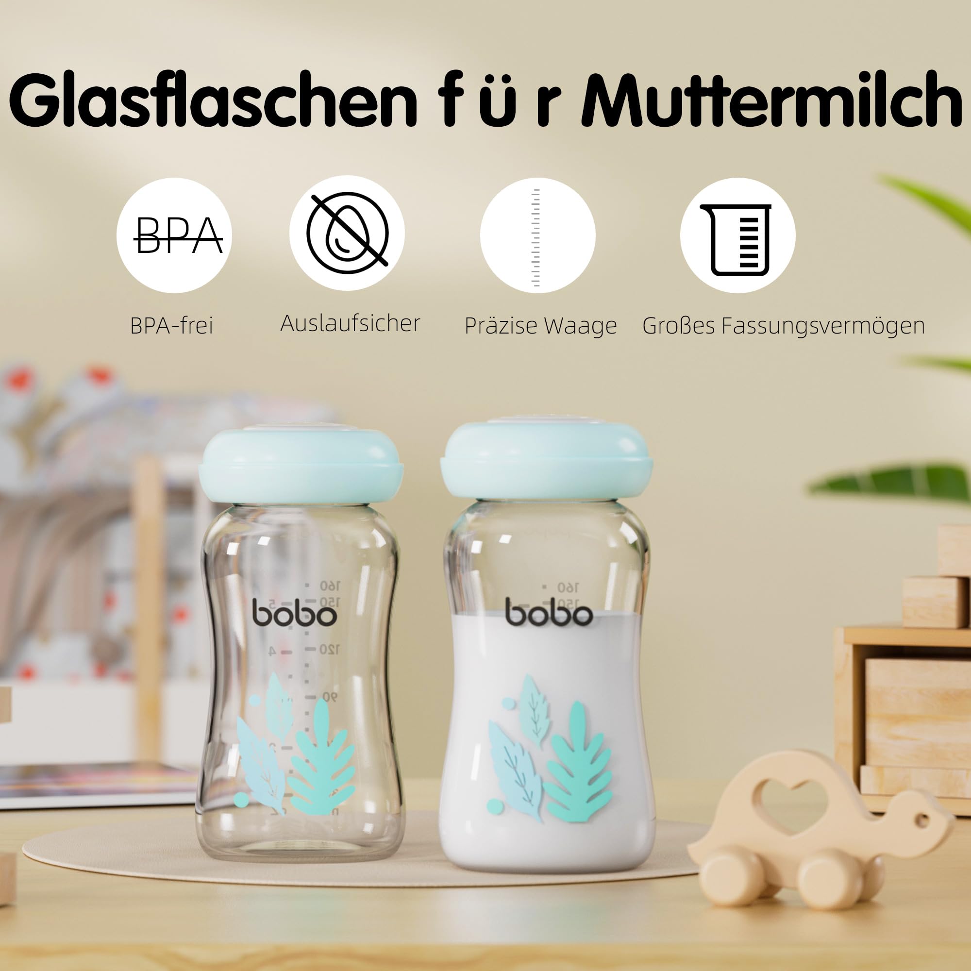 YOHKOH Botellas de cristal premium para leche materna, 4 x 160 ml, para almacenamiento seguro de leche materna, apto para lavavajillas, congelador y microondas (4 unidades, 160 ml), color azul, 160 ml