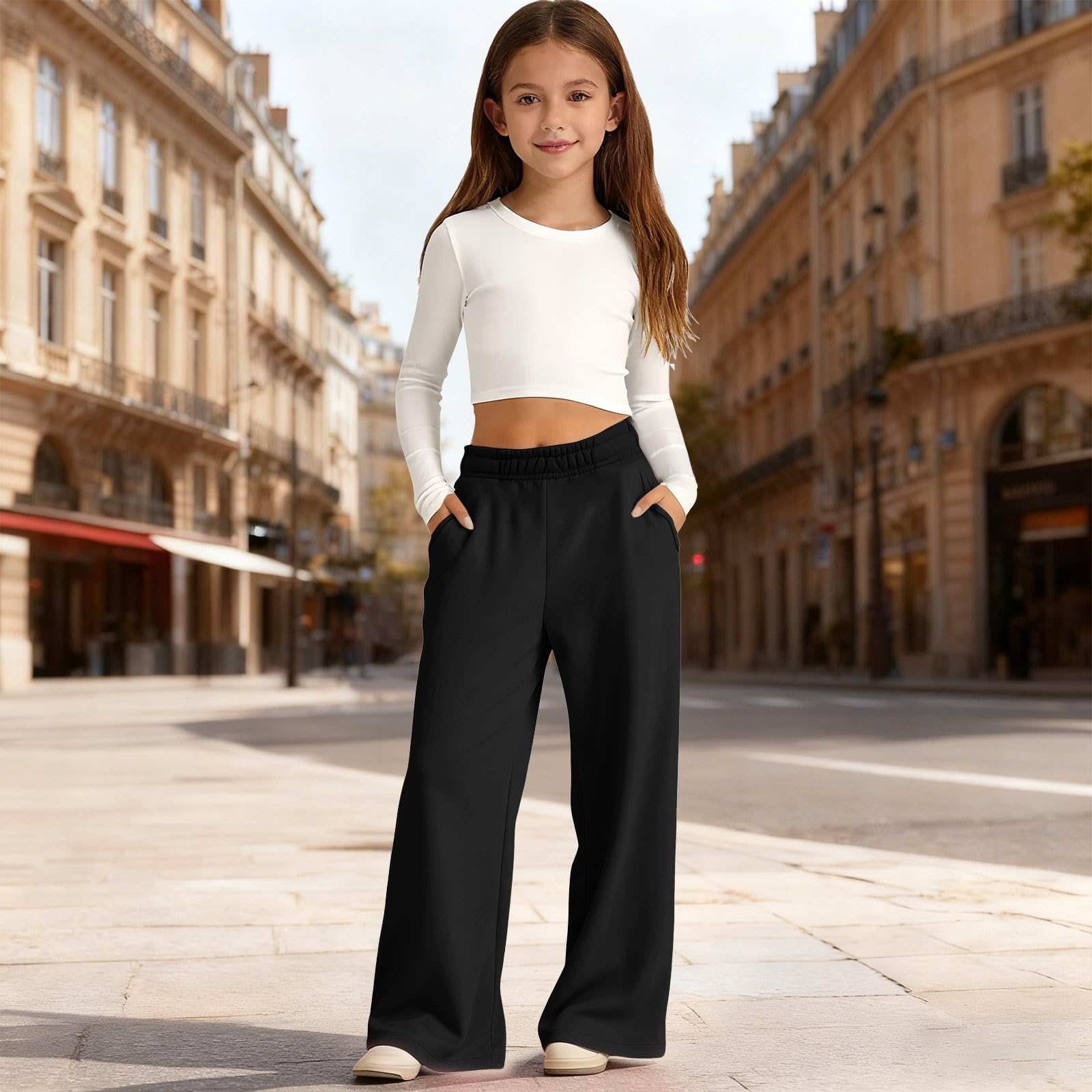 Pantaloni della tuta oversize a gamba larga per ragazzi e ragazze, pantaloni dritti con elastico in vita, pantaloni larghi con tasche per bambini