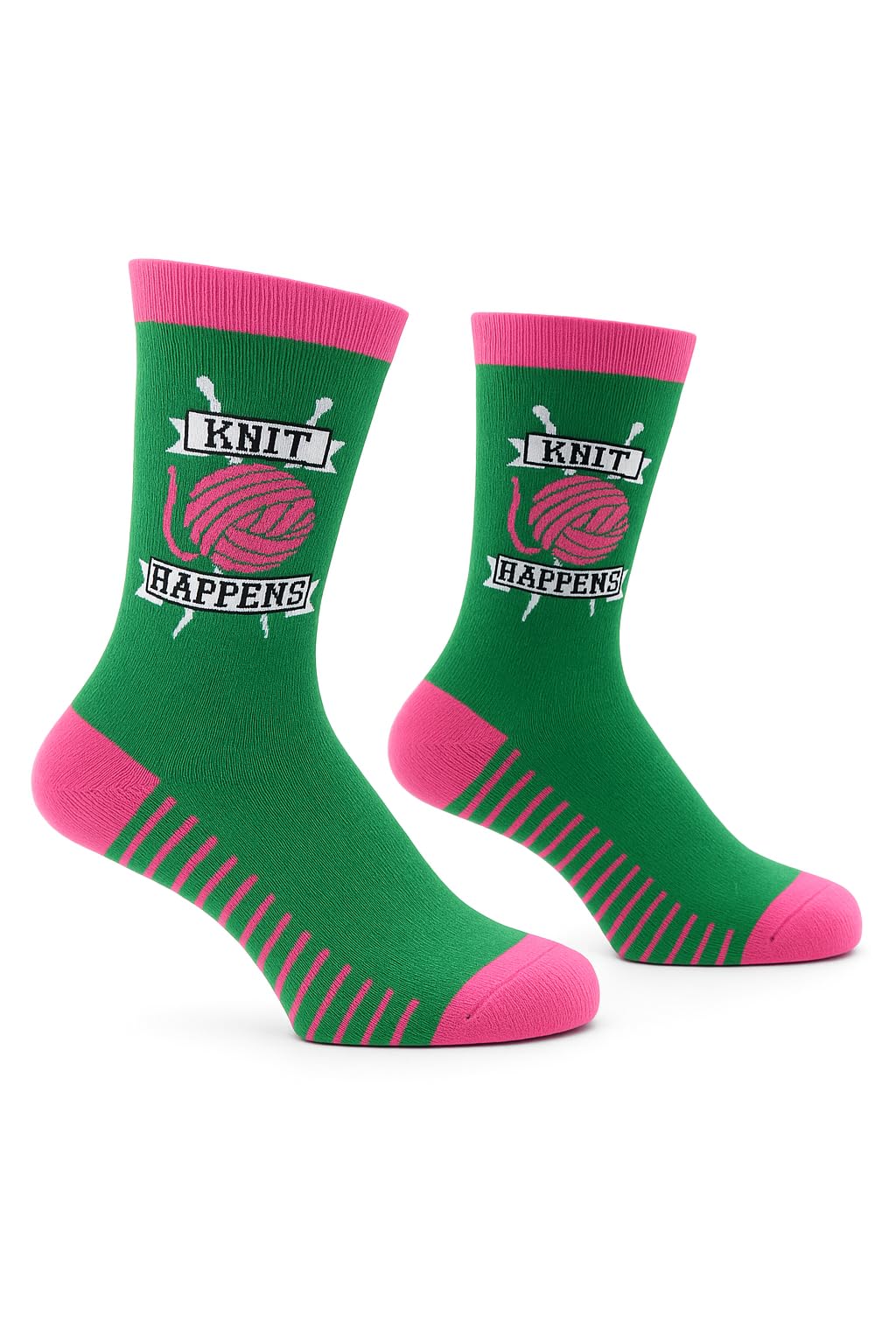 forsocksake Funny Knitting Socks for Women - Knit Happens Gift Socks for Knitters & Crochet Lovers, Cotton-Rich Novelty Crew Socks, Green & Pink, UK Size 4–8