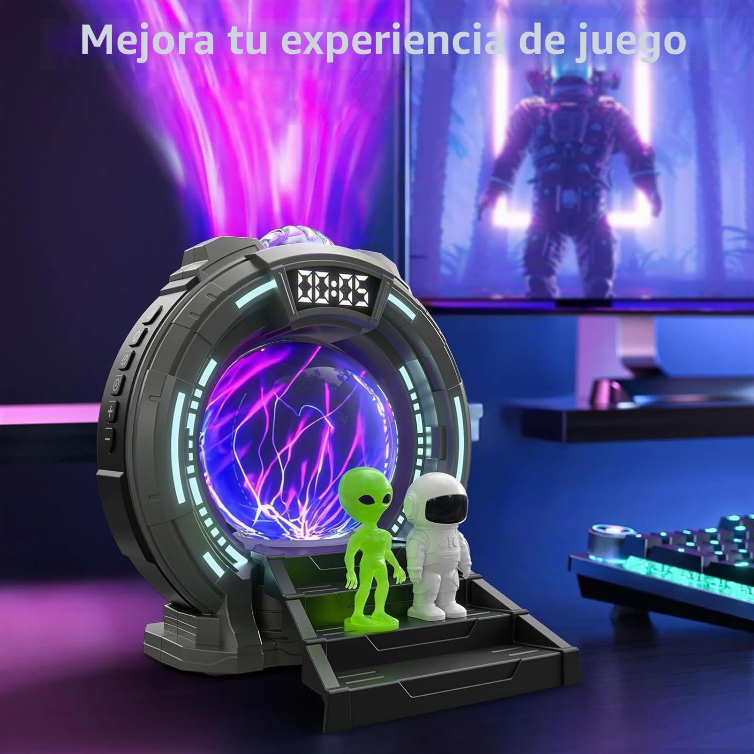 Proyector Galaxia Estrellas Stargate Bola Plasma, Proyector Astronauta Techo Aurora Boreal Luz Nocturna con Ruido Blanco, Altavoz, Despertador y Control Remoto para Dormitorio Gaming Regalos Navidad