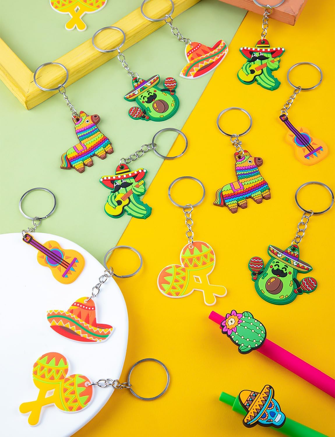 60Pcs Mexican Keychains, Cinco De Mayo Party Favors Donkey Maraca Sombrero Guitar Cactus Keychains