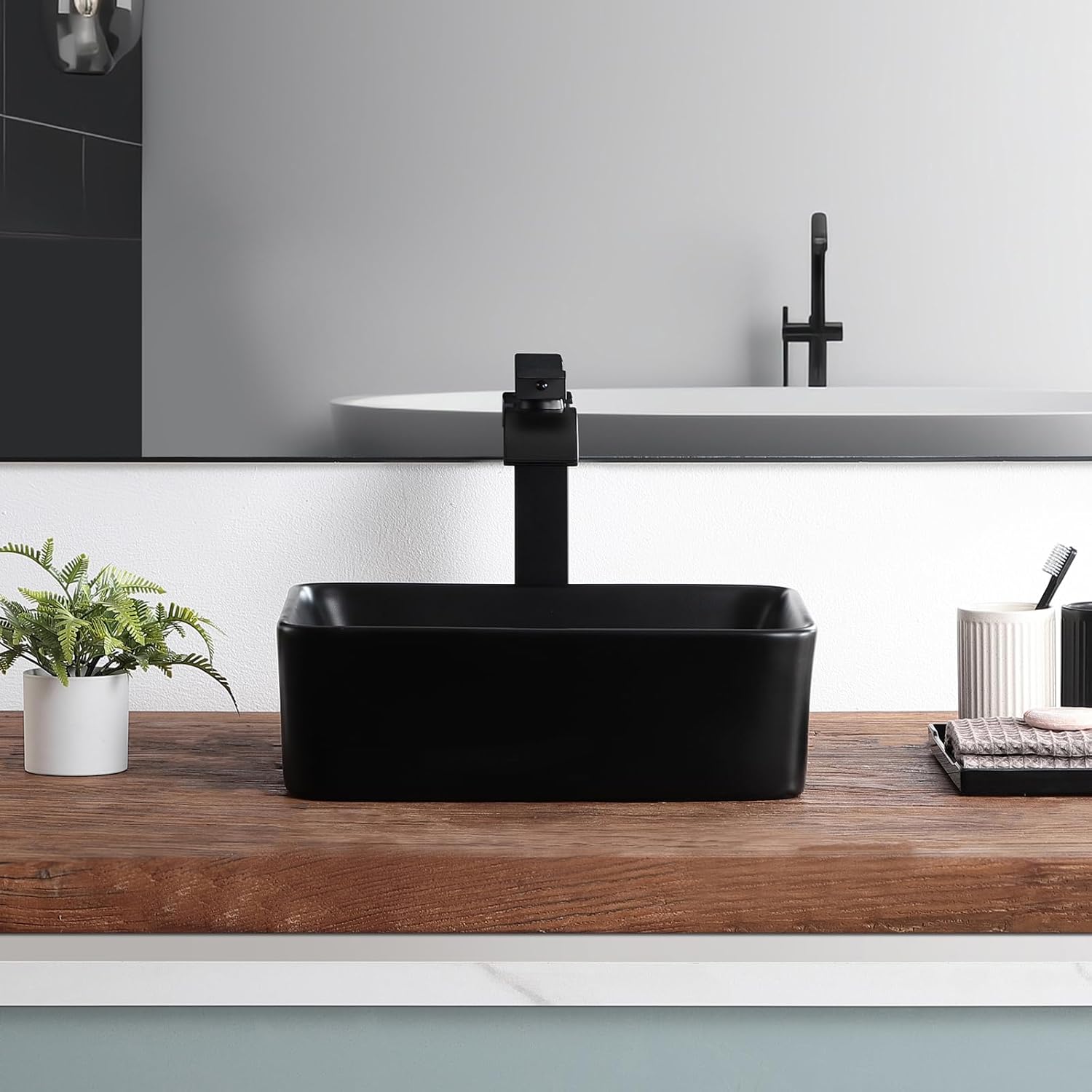Vessel Sink 16"x12" Rectangular Matte Black 16 Inch Bathroom Sink Porcelain Ceramic Modern Above Counter Bathroom Sinks