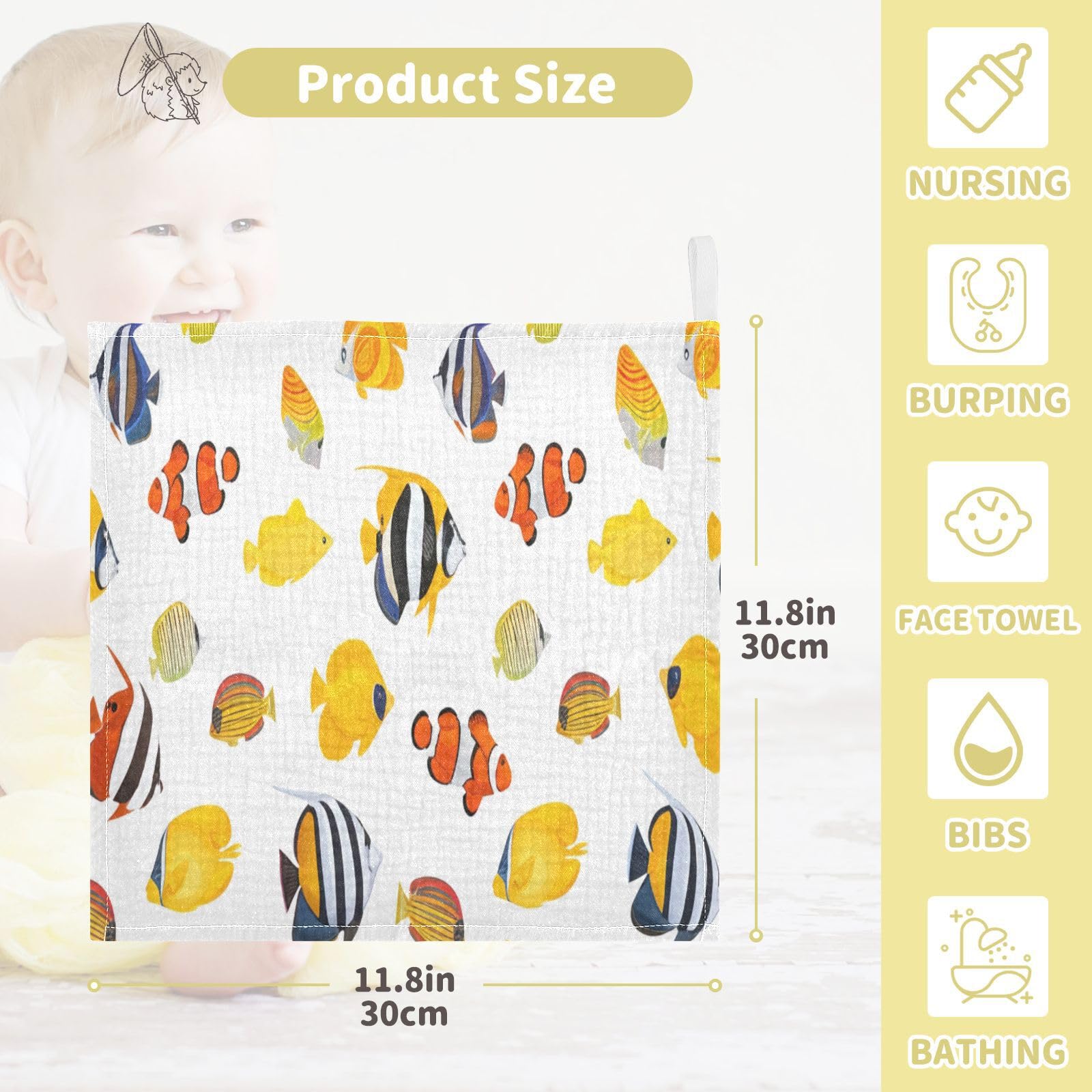 Nander 3Pack Baby Muslin Washcloths,Beautiful Colorful Fish Soft Face Cloths for Newborn, Absorbent Bath Wash Cloths, Wipes, Burp Rag,Toddlers Essentials Stuff, Baby Registry as Shower