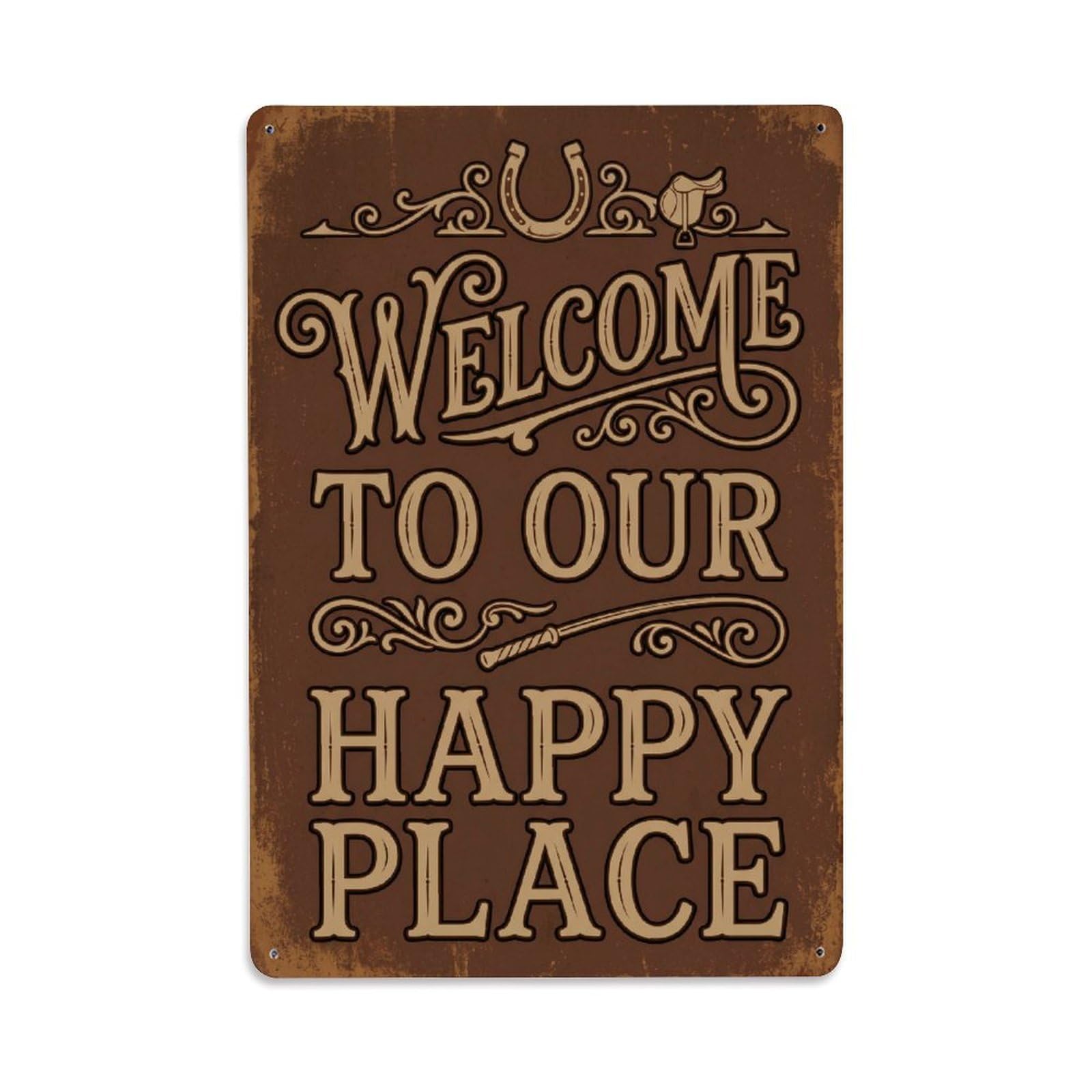 Welcome To Our Happy Place Countryside Stable Vintage Metal Tin Sign Plaque Wall Decor for Cafe, Club, Garden Metal Poster 8x12Inch