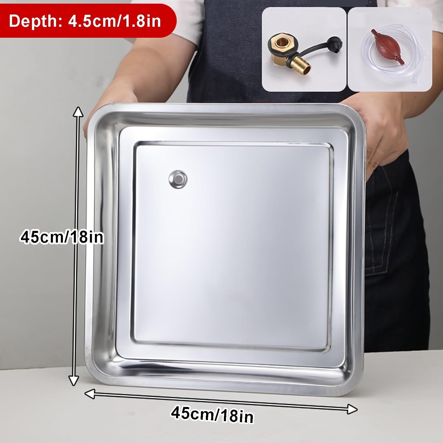 Stainless Steel Drip Pan with Hose, AC Condensate Drain Pan, Under Sink Drip Tray for Washing Dishes, Draining, Tea Table, Plant Trays for Pots(45x45cm/18x18in)