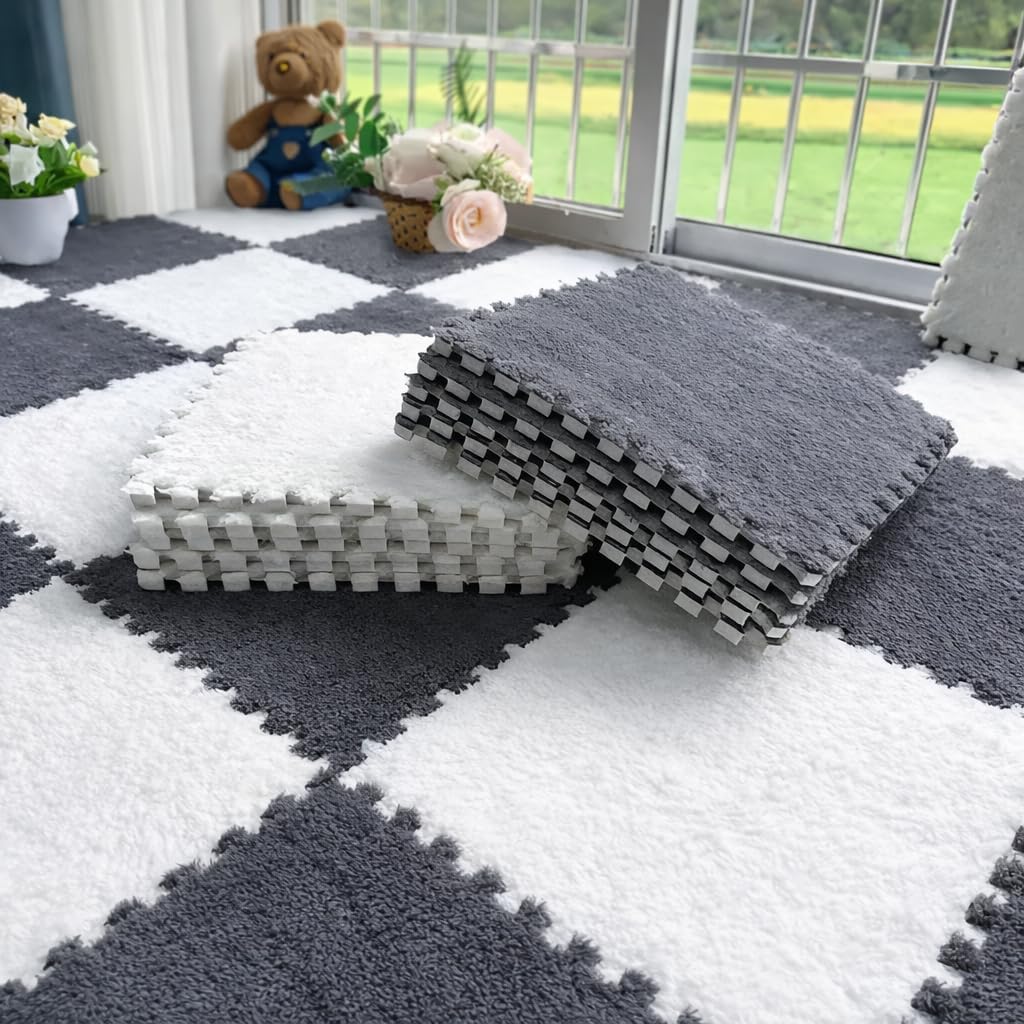 Fluffy Carpet Tiles Square Splicing Floor Soft Play Mat | Interlocking Puzzle Foam Carpet Tiles | Shaggy Velvet Area Rug for Bedroom, Kids Room, Playroom & Living Room | Pack of 6 | Grey & White (6)-image-21