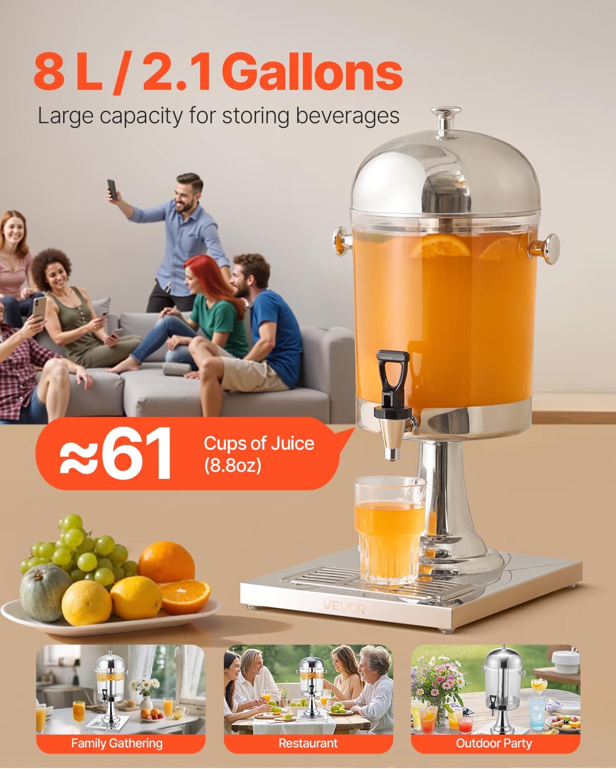 VEVOR Beverage Dispenser, 2.1 Gallon Drink Dispenser for Parties, Stainless Steel + Plastic Juice Dispensers with Spigot Ice Chamber Tray, Iced Tea Lemonade Juice Dispensers, for Restaurants, Hotels