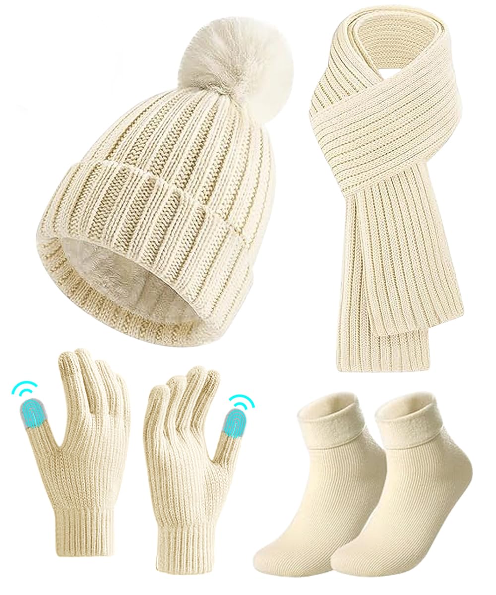 Ensemble Bonnet Echarpe Gant, 4pcs Ensemble Bonnet Echarpe Femme avec Gants Écran Tactile et Chaussettes Thermiques, Tricoter Bonnet Femme Hiver Pompom Coffret Cadeau pour Femme Sports Plein Air Hiver