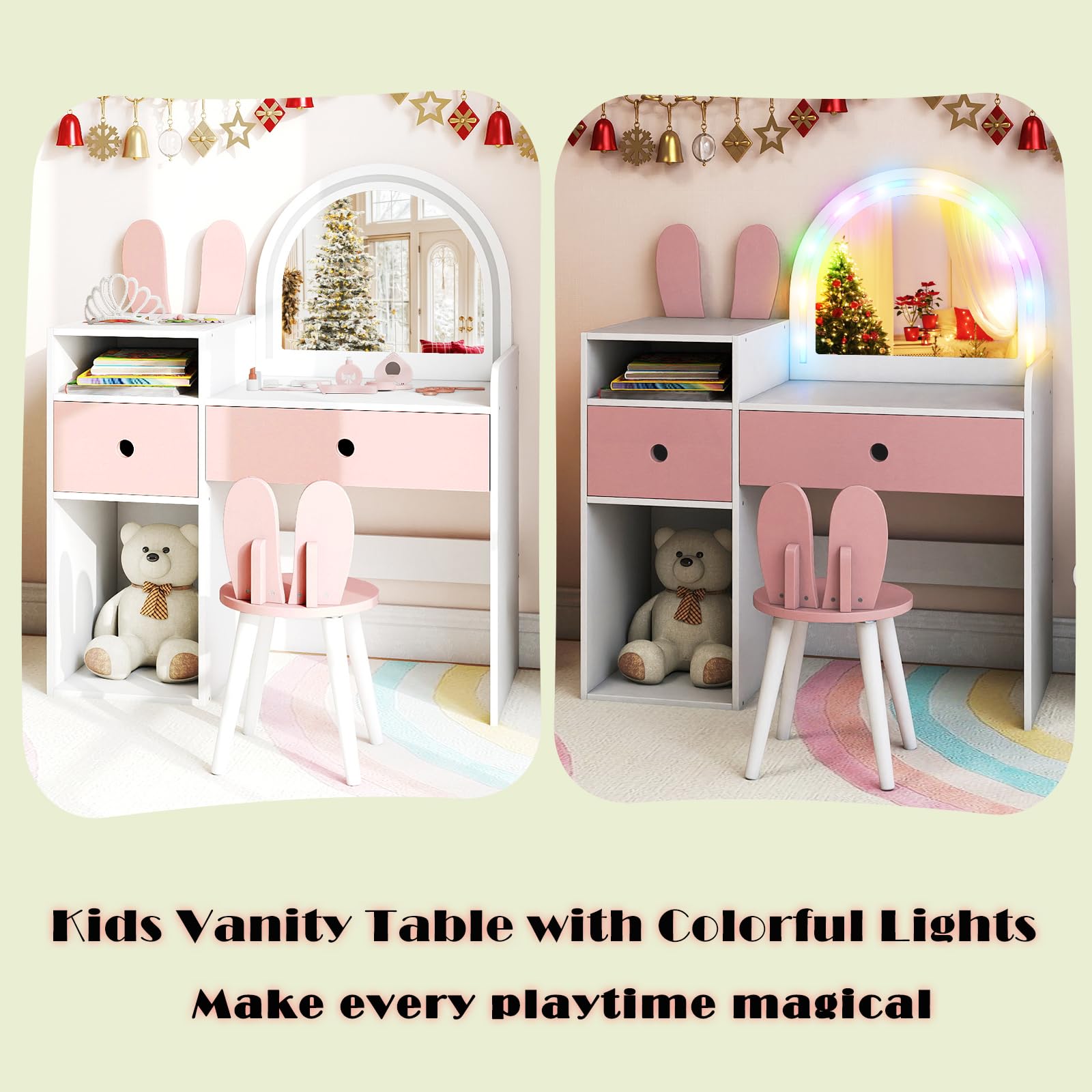 LIFEZEAL Specchiera Trucco per Bambina 3+Anni, con Luci, Sgabello, Sedia, Toeletta Tavolo, Forma di Coniglio, Postazione Make up, Vanity, Cassetti, Scomparti Aperti, Accessori, Cameretta (bianco)