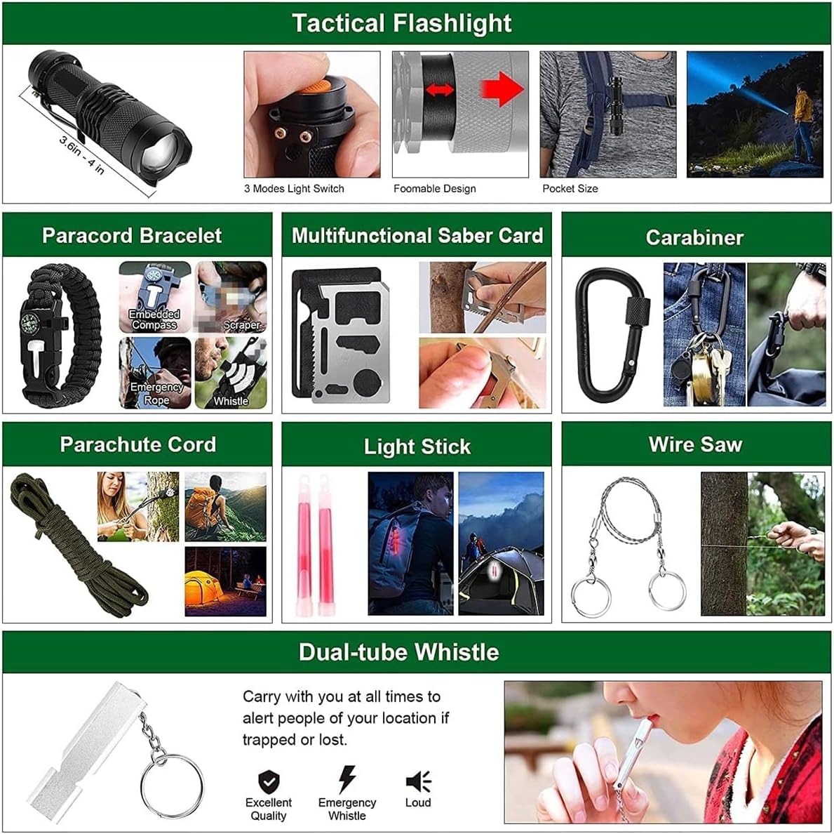 scosao Survival Kit 157Pcs Außen Notfall Ausrüstung Survival Set Outdoor Militär Erste-Hilfe-Kit Mehrzweck-Überlebenskit mit Molle-Beutel, für Herren, Camping Abenteuer/Wandern/Jagden