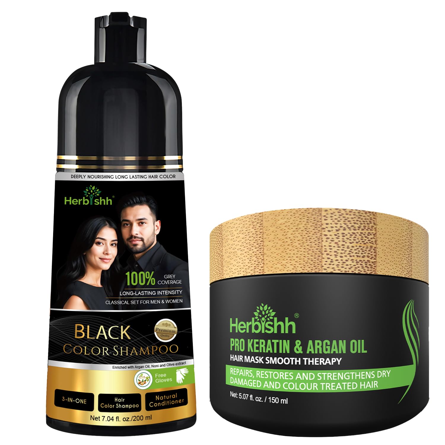 Herbishh Permanent Hair Color Shampoo Black 200ml + Argan Hair Mask (150ml) | Ammonia-Free 3-in-1 Dye Shampoo for Men & Women | Mess-Free