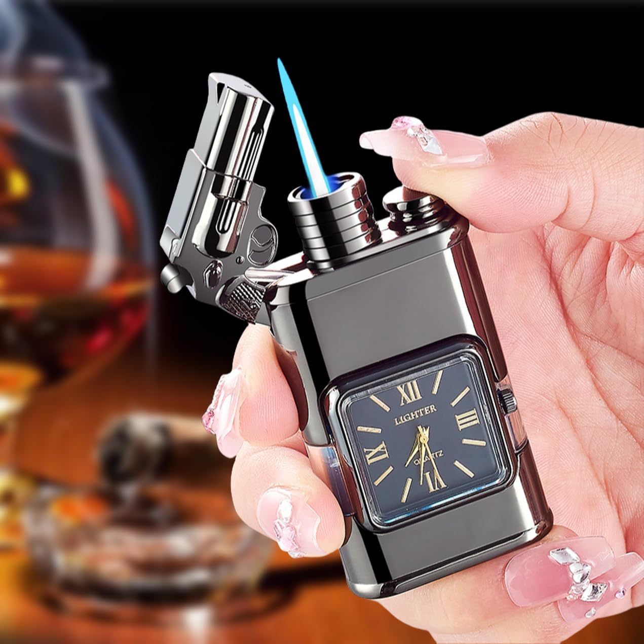 Windproof Lighter, Vintage Lighter with Watch, Jet Torch/Soft Flame Switchable Lighters, Cool Lighters with Adjustable Flame Dial, Butane Refillable for Men/Husband (Fuel Not Included)